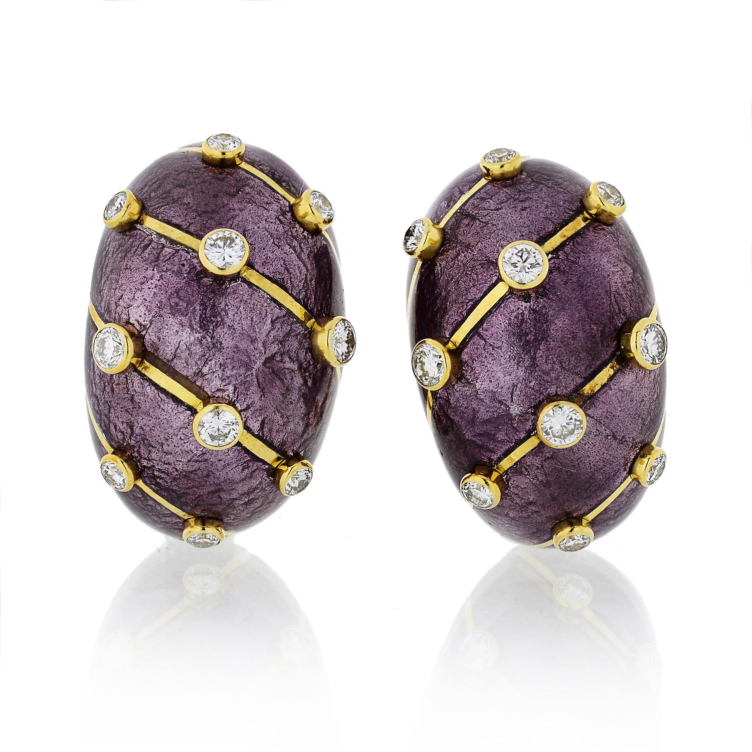 Jean Schlumberger lilac enamel banana diamond earrings. METAL: 18K gold with rare custom purple enamel
GEMSTONE(S): round brilliant-cut diamonds approx. 1.30 carats total, most F-G/VS
MEASUREMENTS: 1 x 5/8 inch
WEIGHT: 29.70 g.
Signed: TIFFANY & CO.