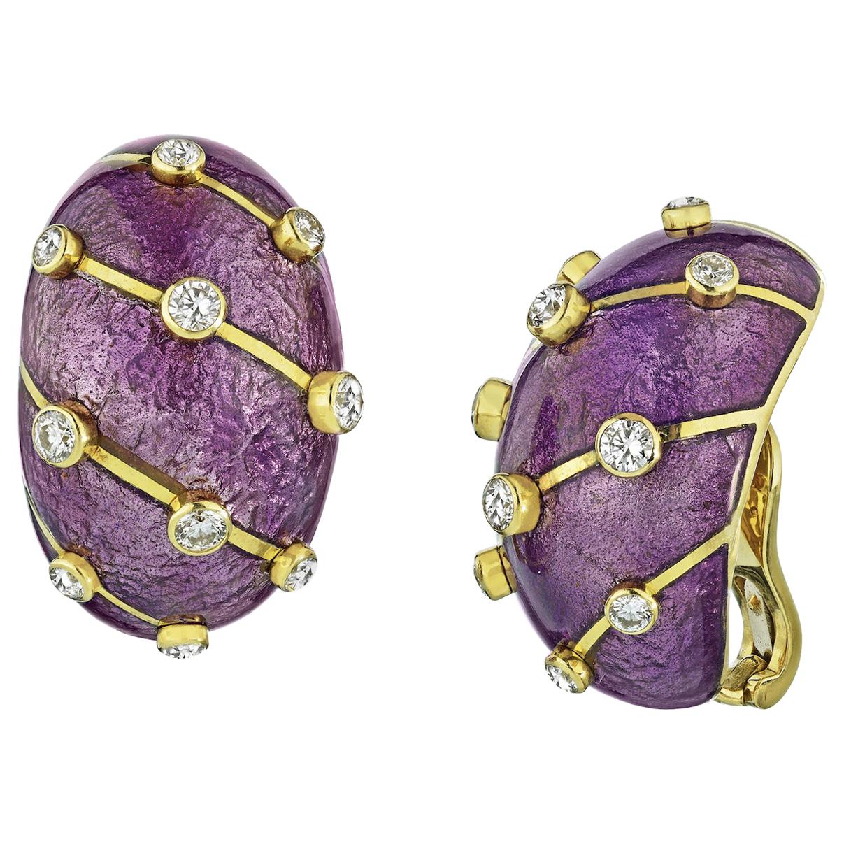 Tiffany & Co. Purple Enamel and Diamond Banana Earclips Earrings
