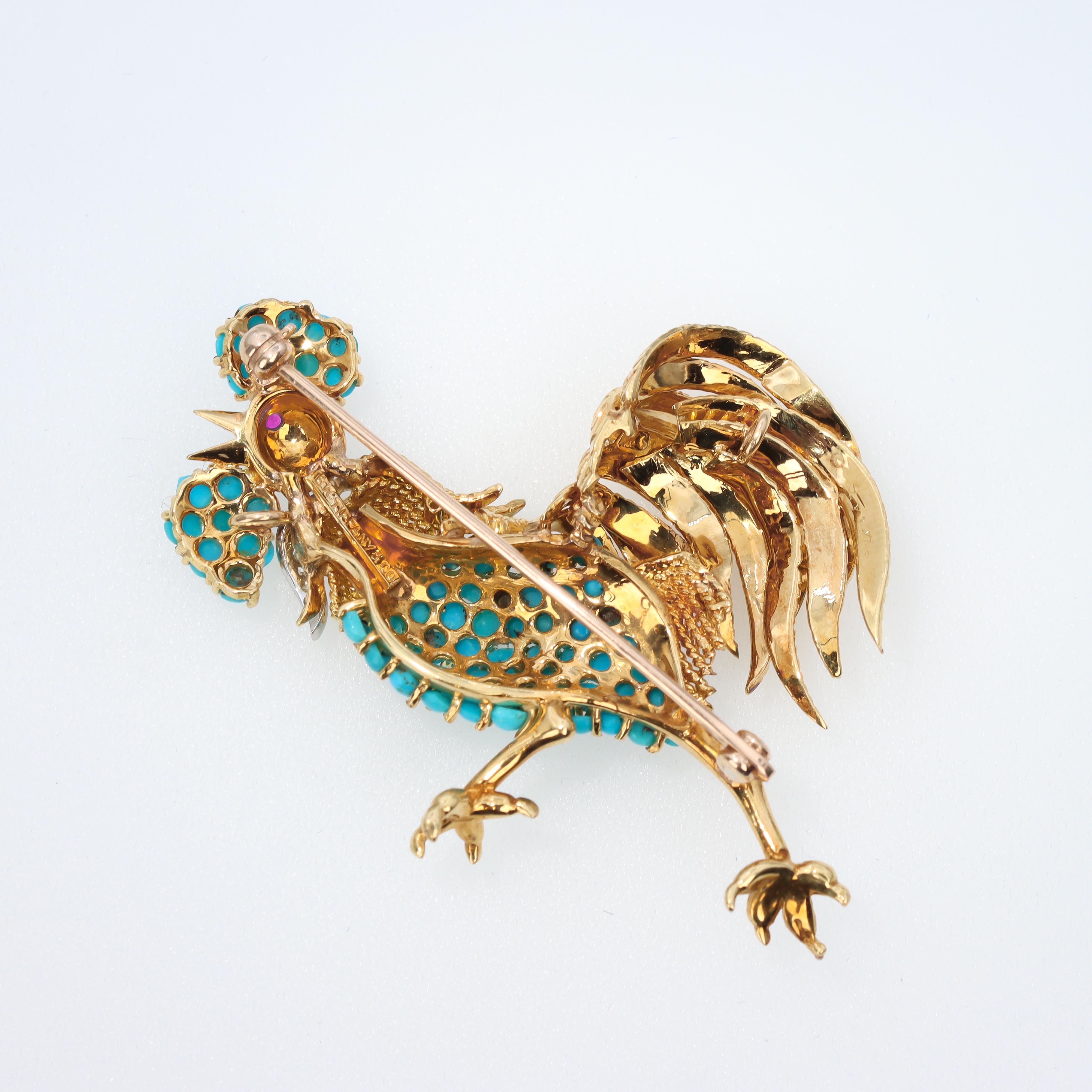 Modern Tiffany & Co. Rare 18K Gold Turquoise and Diamond Chanticleer / Rooster Brooch