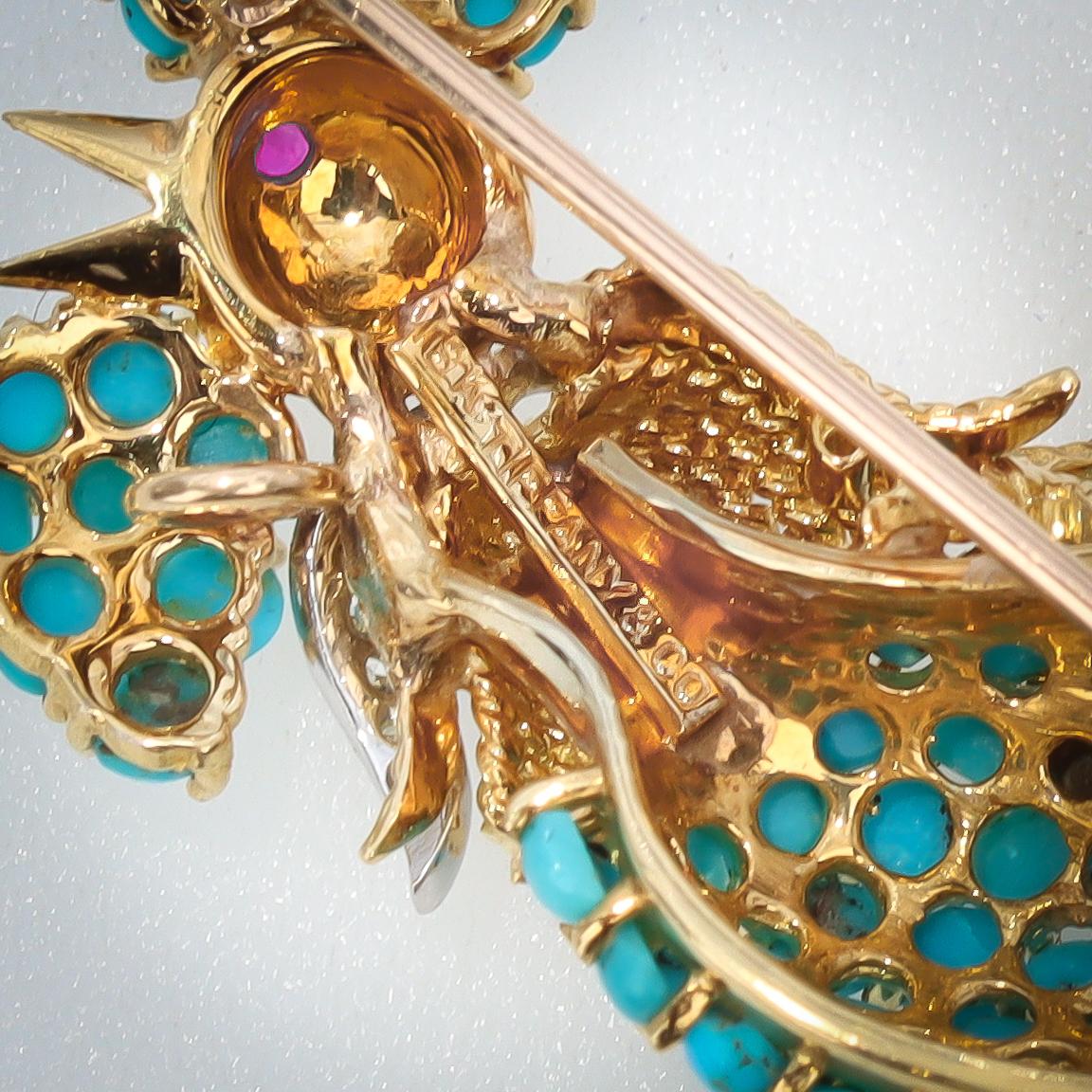 Round Cut Tiffany & Co. Rare 18K Gold Turquoise and Diamond Chanticleer / Rooster Brooch