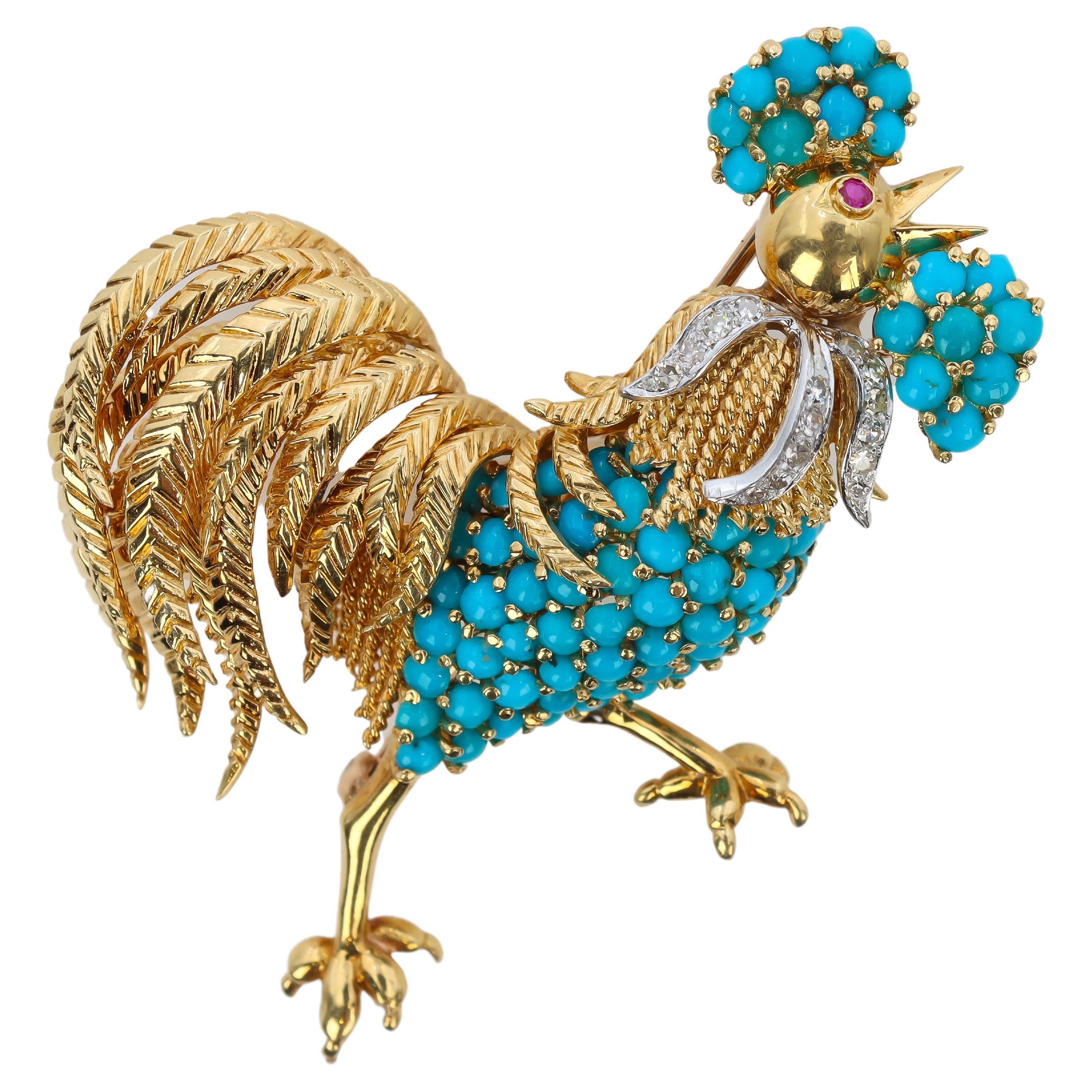 Tiffany & Co. Rare 18K Gold Turquoise and Diamond Chanticleer / Rooster Brooch