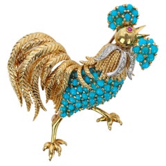 Tiffany & Co. Rare 18K Gold Turquoise and Diamond Chanticleer / Rooster Brooch