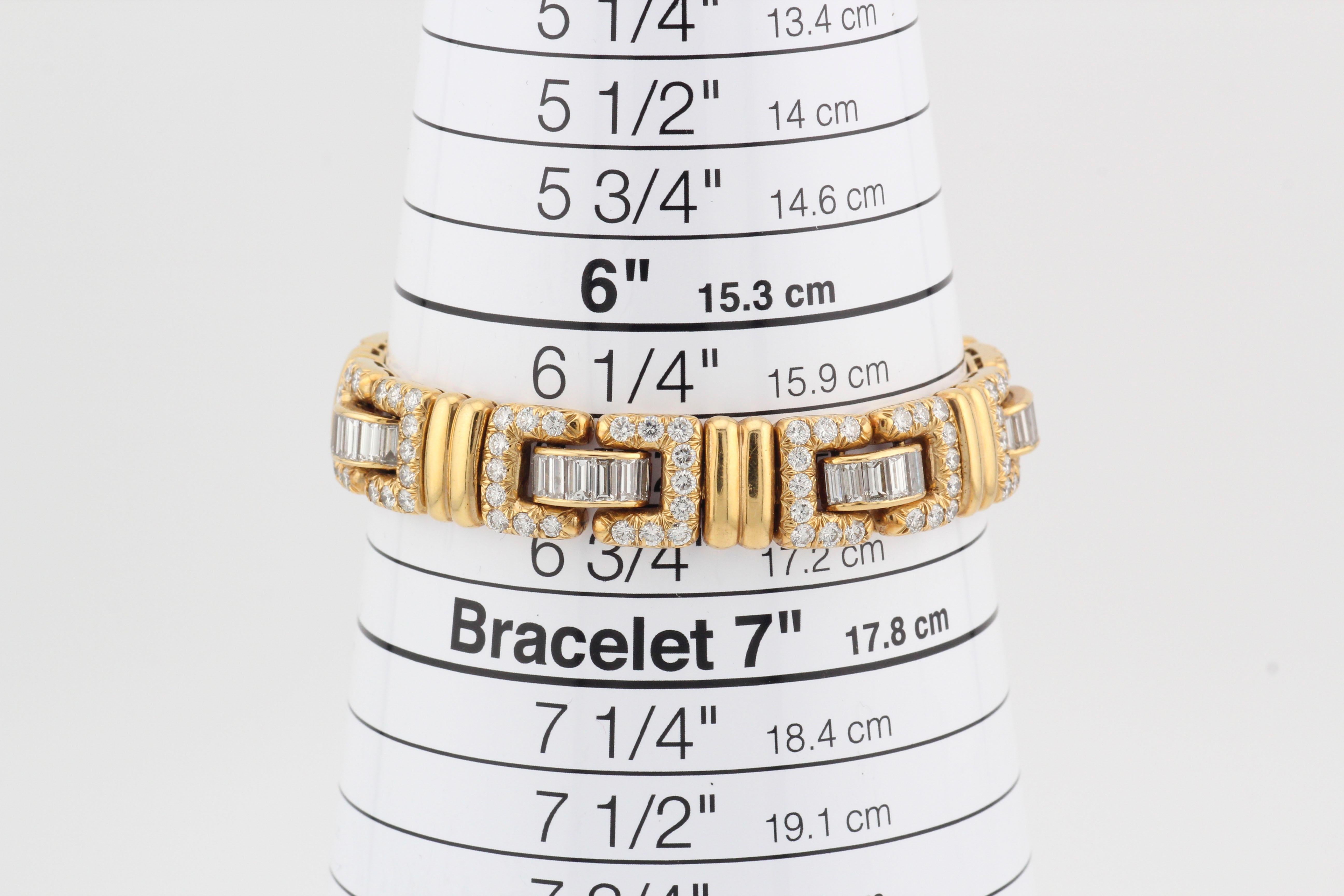 Behold the ultimate expression of luxury and sophistication: the Tiffany & Co. French 18 Karat Yellow Gold Diamond Bracelet, circa 1980s, adorned with a stunning ensemble of baguette and round brilliant cut diamonds. This remarkable piece of jewelry