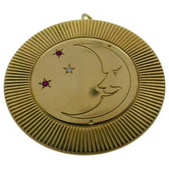 Tiffany & Co. Rare & Retro 14k Yg, Diamond & Ruby Sun & Moon Pendant Brooch 1950