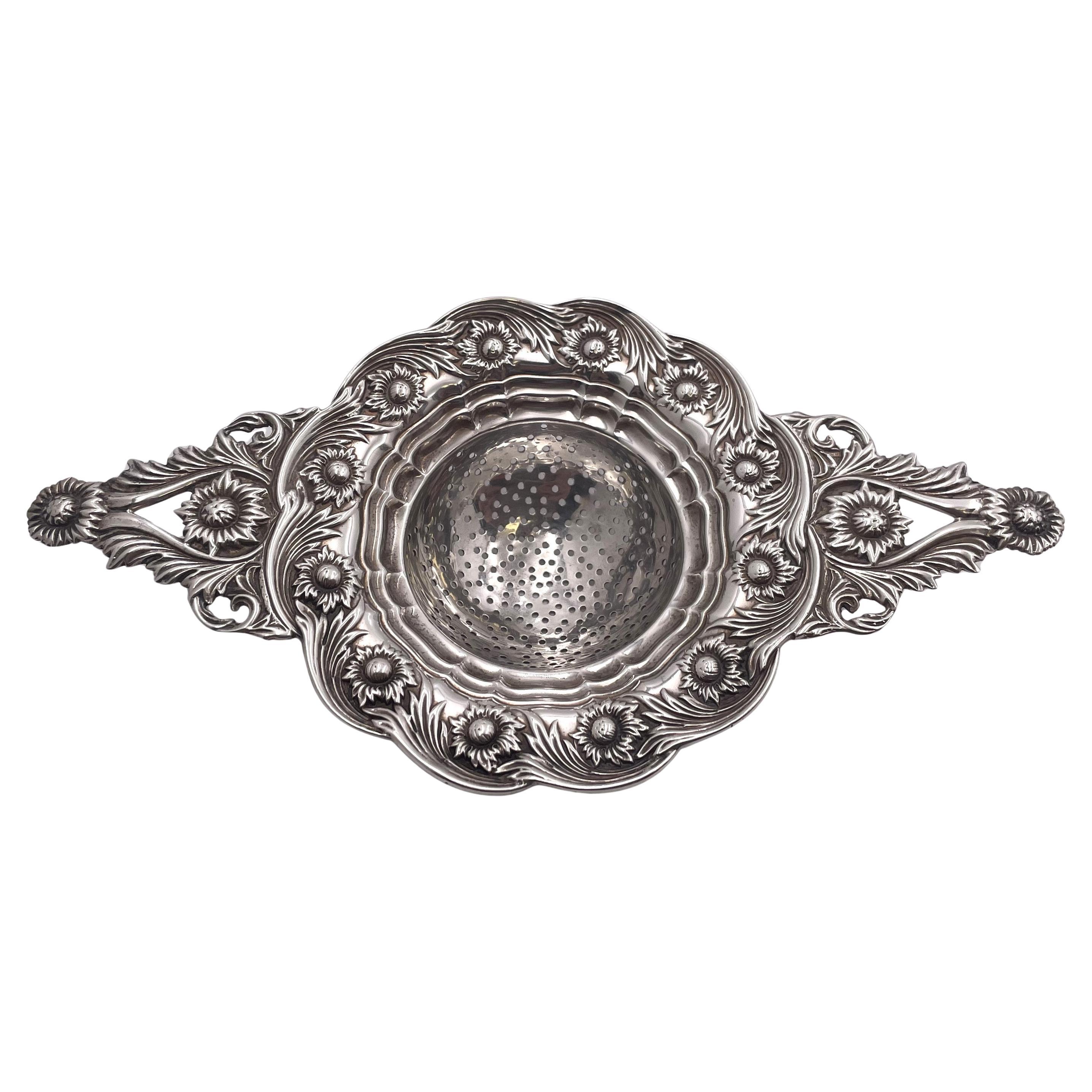 Tiffany & Co. Rare Sterling Silver Tea Strainer in Chrysanthemum Pattern For Sale