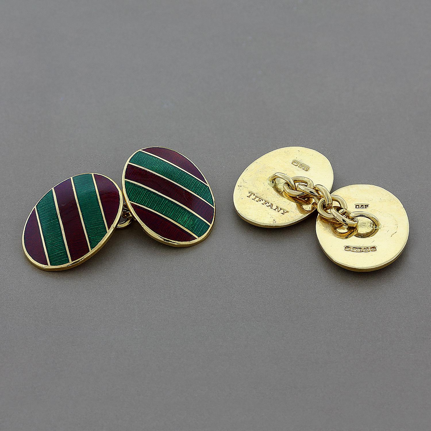 Women's or Men's Tiffany & Co. Red and Green Enamel Gold Cufflinks For Sale