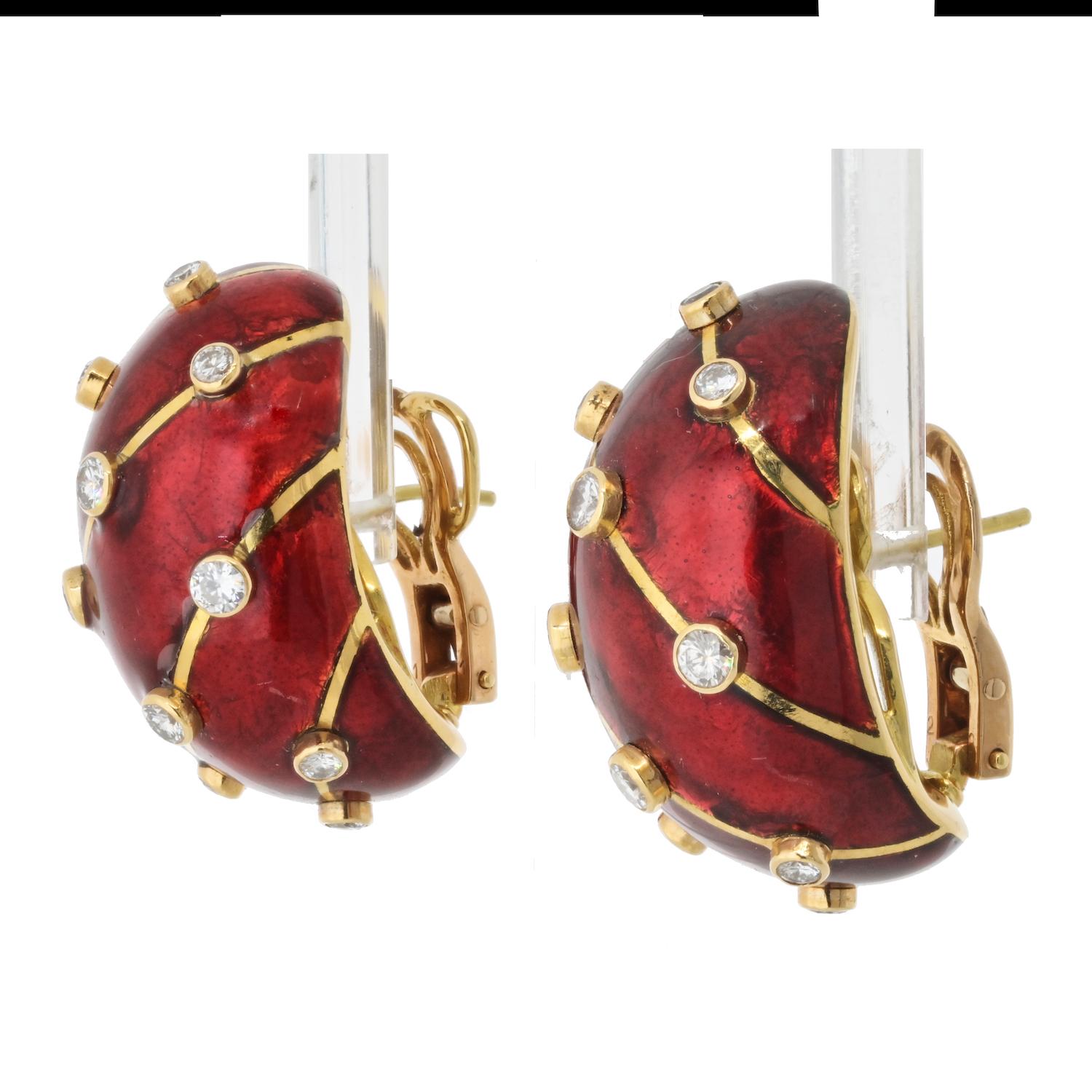 Modern Tiffany & Co. Red Enamel Diamond Banana Clip-On 18 Karat Yellow Gold Earrings For Sale