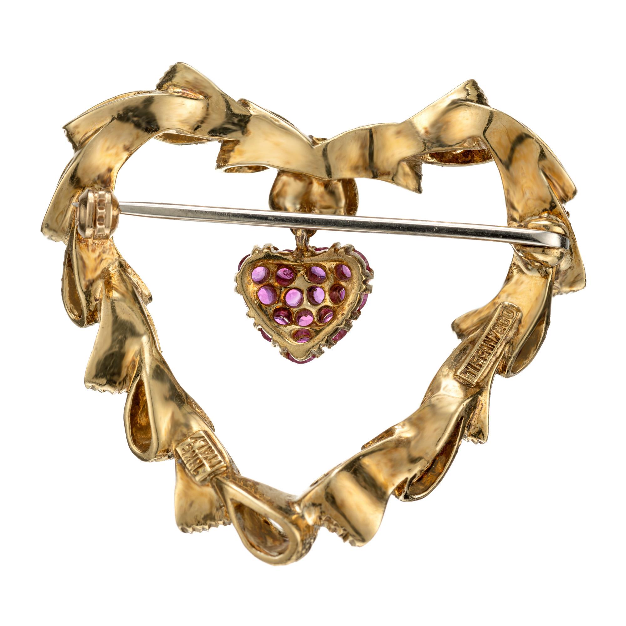 Round Cut Tiffany & Co. Red Ruby Gold Heart Brooch