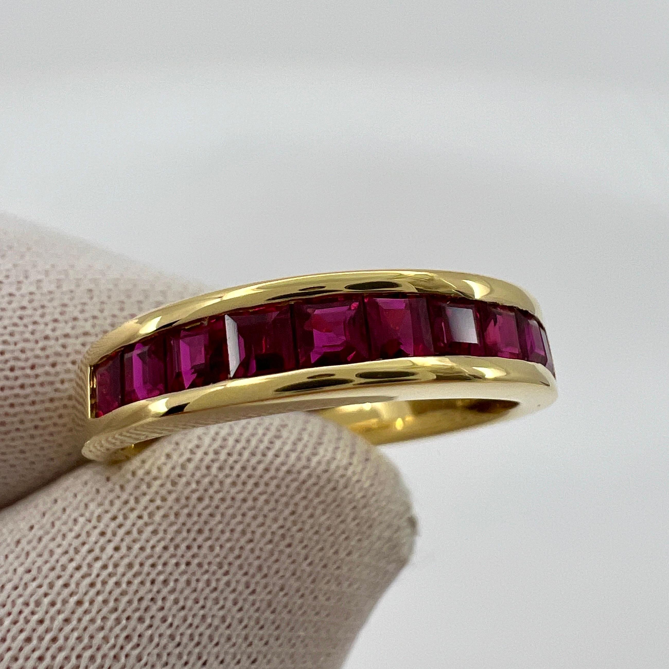 Vintage Tiffany & Co. 18k Yellow Gold Vivid Red Ruby Half Eternity Band Ring.

A beautifully made yellow gold half eternity ring set with stunning vivid red square princess cut rubies. Superb colour, clarity and cut. Perfectly matched. With a band