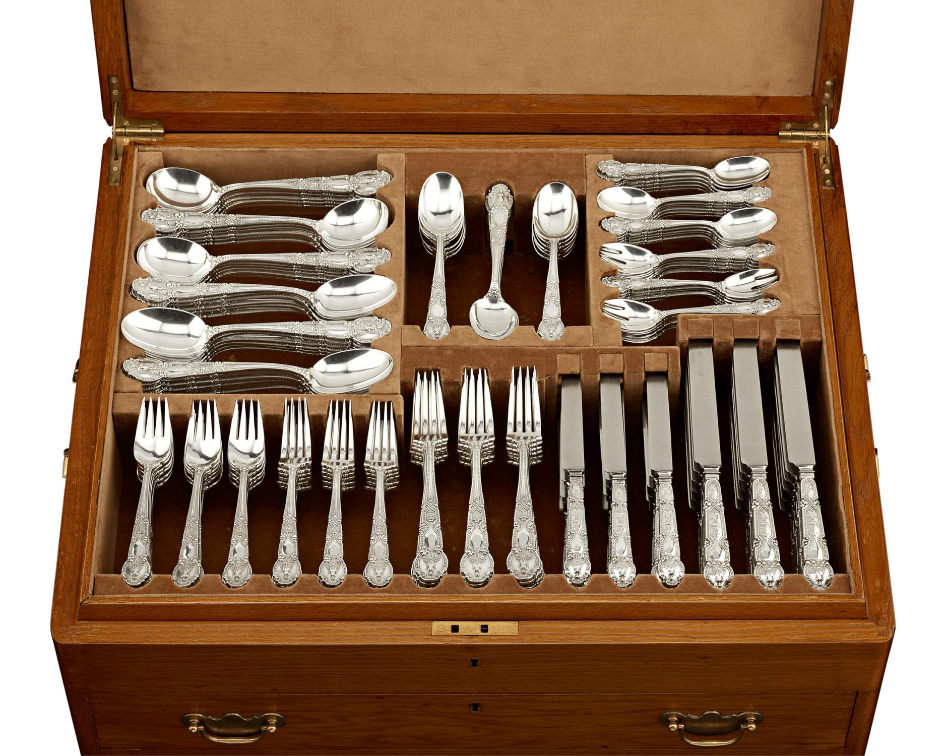 This magnificent and complete, 417-piece Tiffany & Co. silver flatware service for 18 is wrought in the romantic and classical Renaissance pattern. Designed by Tiffany’s master jewelry and silver designer Paulding Farnham and first produced in 1905,