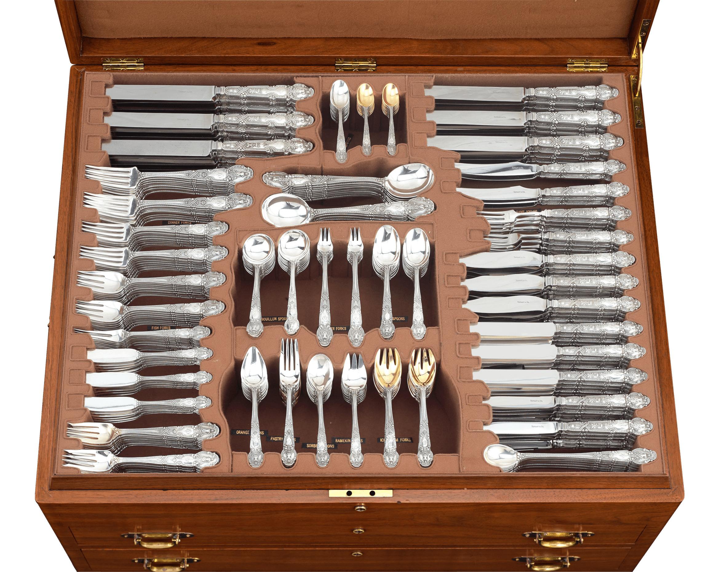 This magnificent and complete, 445-piece Tiffany & Co. silver flatware service for 18 is wrought in the romantic and classical Renaissance pattern. Designed by Tiffany’s master jewelry and silver designer Paulding Farnham and first produced in 1905,