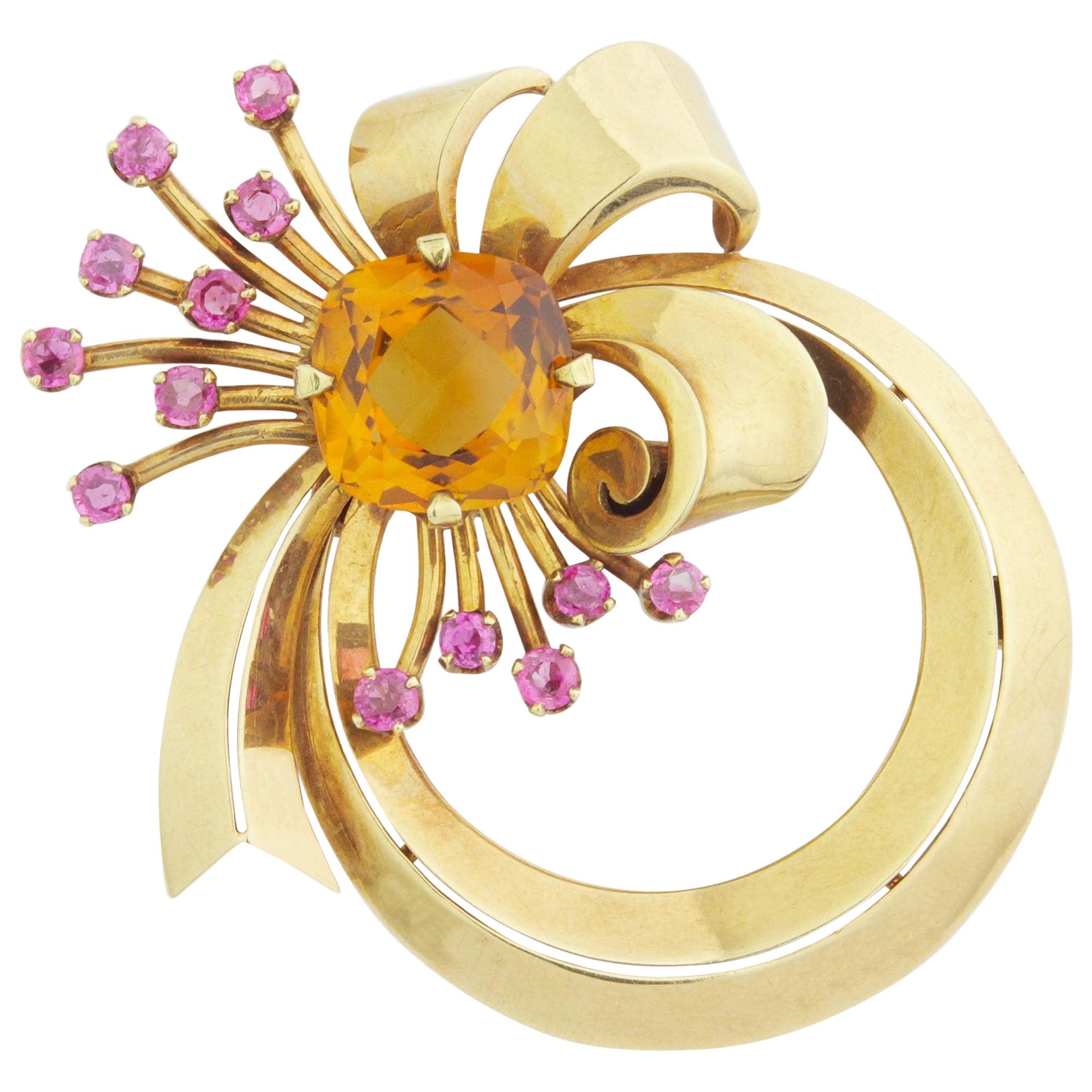 Tiffany & Co. Retro 14 Karat Brooch with Citrine and Pink Sapphires