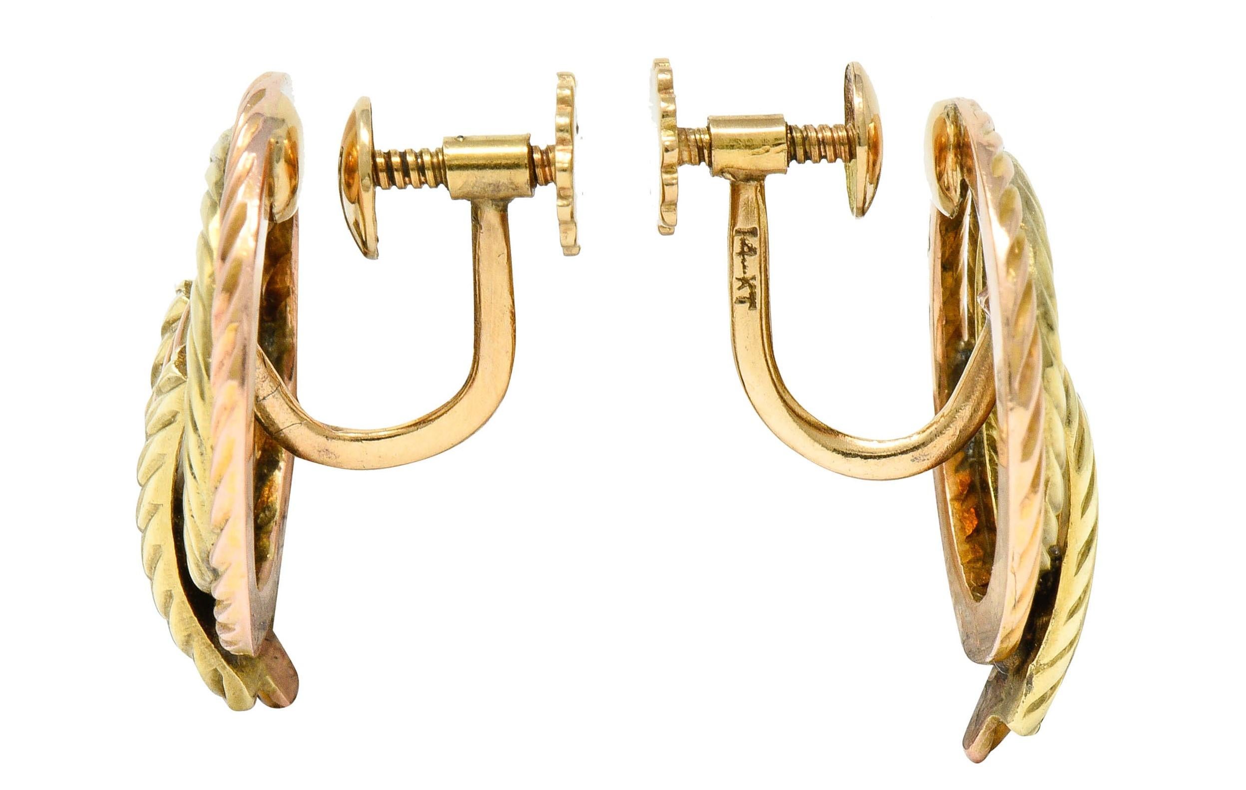 Tiffany & Co. Retro 14 Karat Two-Tone Gold Twisted Rope Screwback Earrings In Excellent Condition In Philadelphia, PA