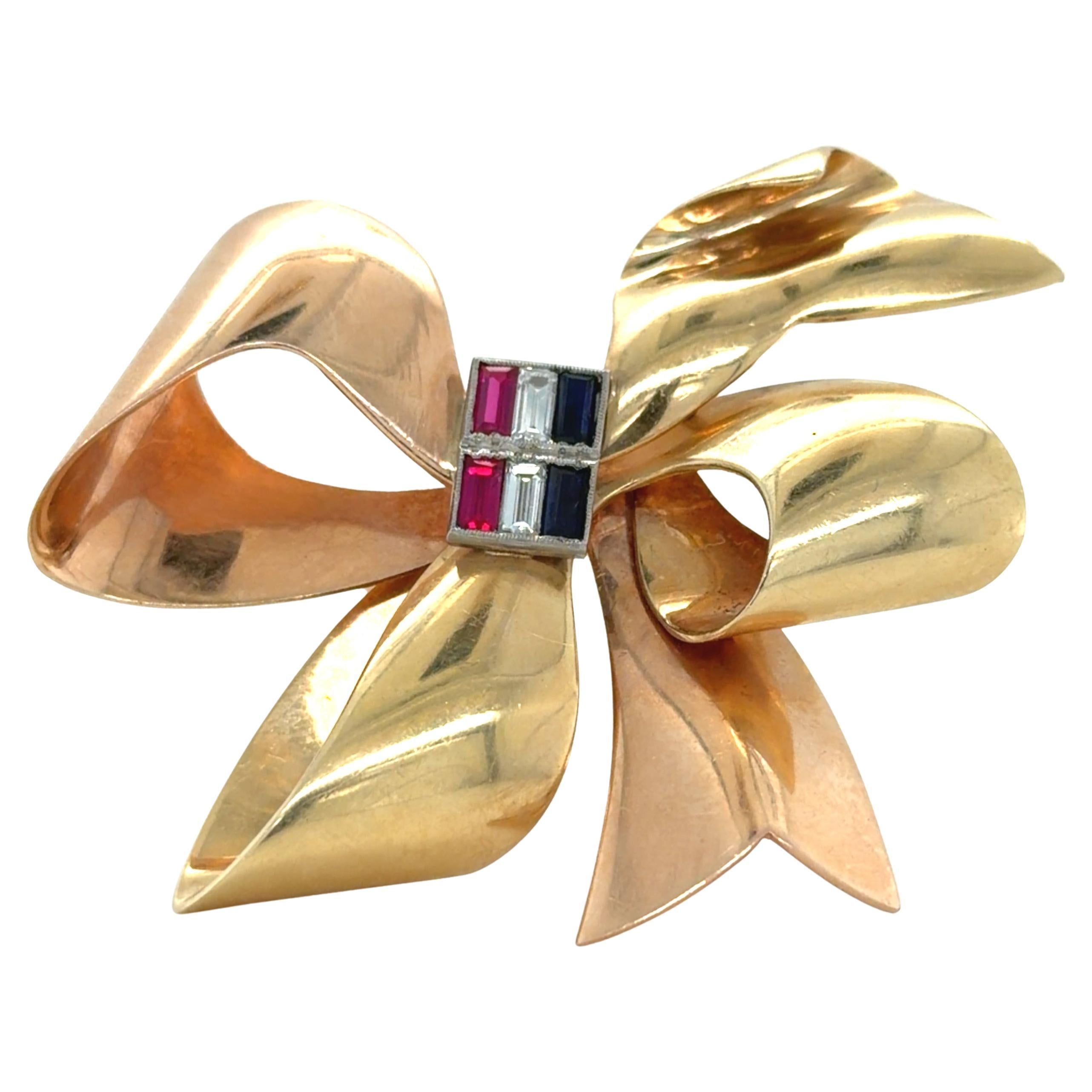 Tiffany & Co. Retro 14K Bicolor Gold Ruby, Diamond and Sapphire Bow Brooch