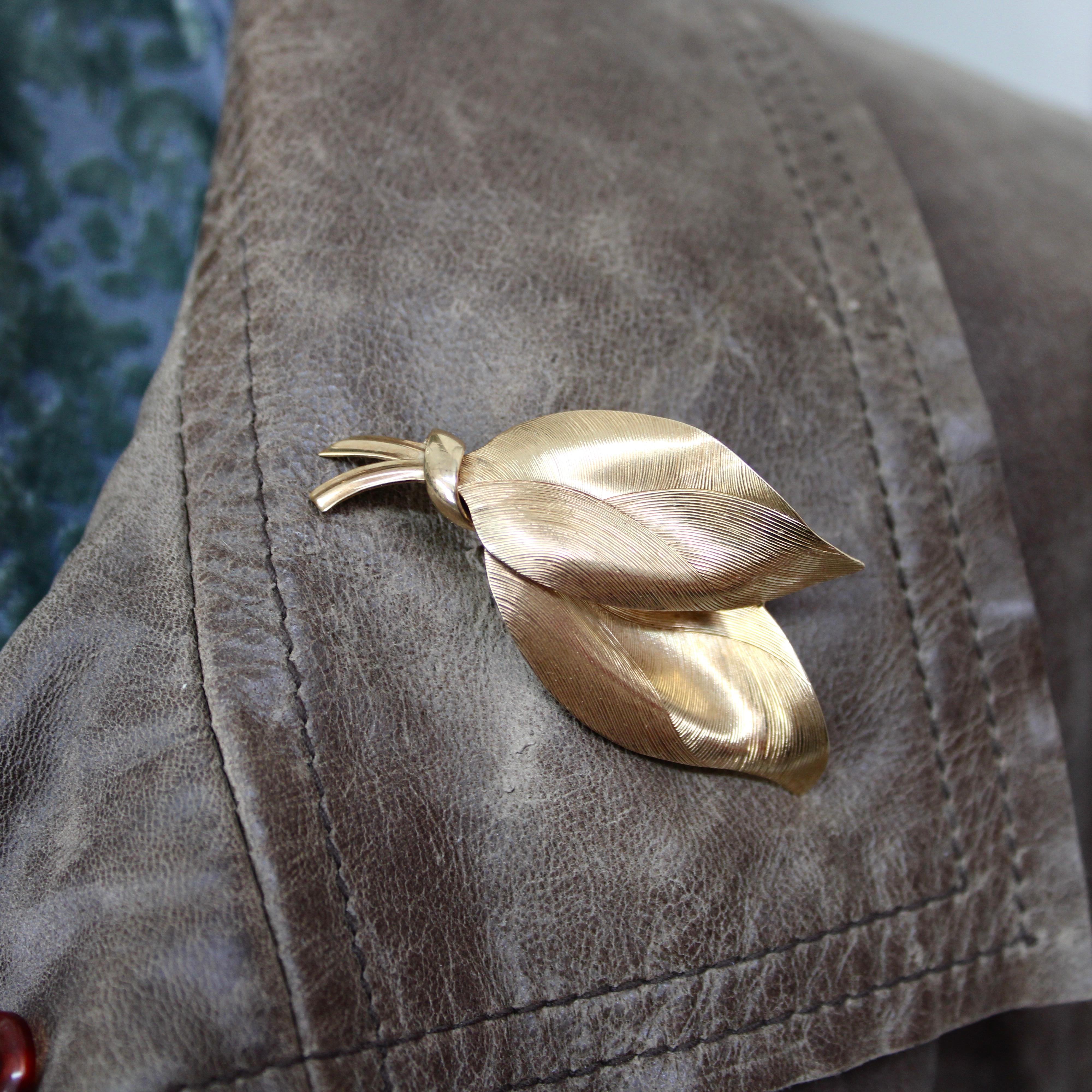 Tiffany & Co Retro 14K Gold Dual Leaf Brooch  1