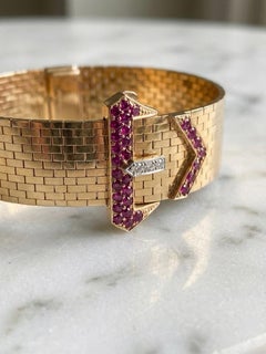 Tiffany & Co. Retro 14K Gold Ruby Diamond Buckle Bracelet