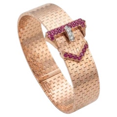 Tiffany & Co. Retro 14K Gold Ruby Diamond Buckle Bracelet