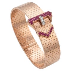 Tiffany & Co. Retro 14K Gold Ruby Diamond Buckle Bracelet