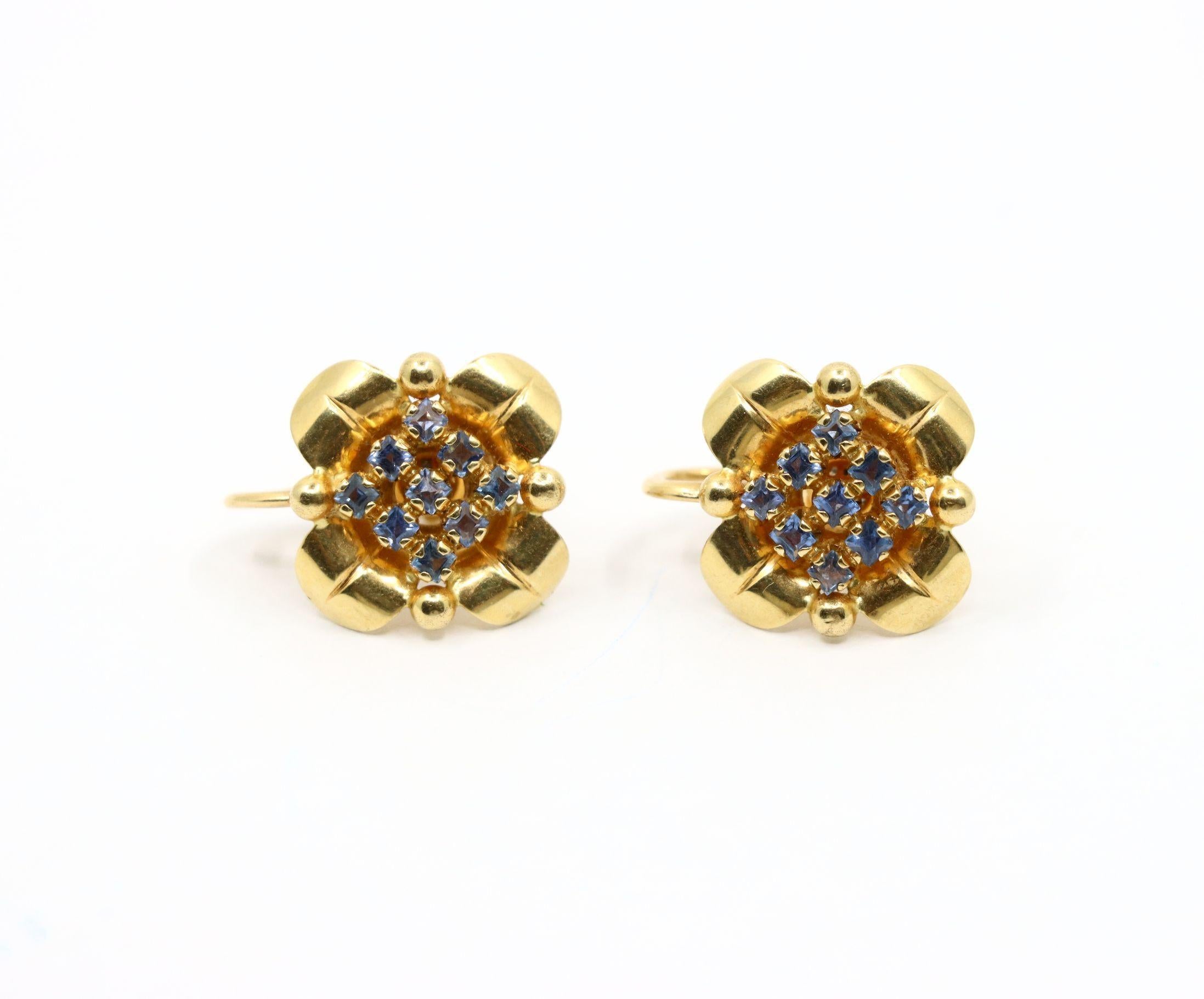 Tiffany & Co. Retro 14K Gold Saphir Blume Ohrringe im Zustand „Gut“ im Angebot in Flushing, NY
