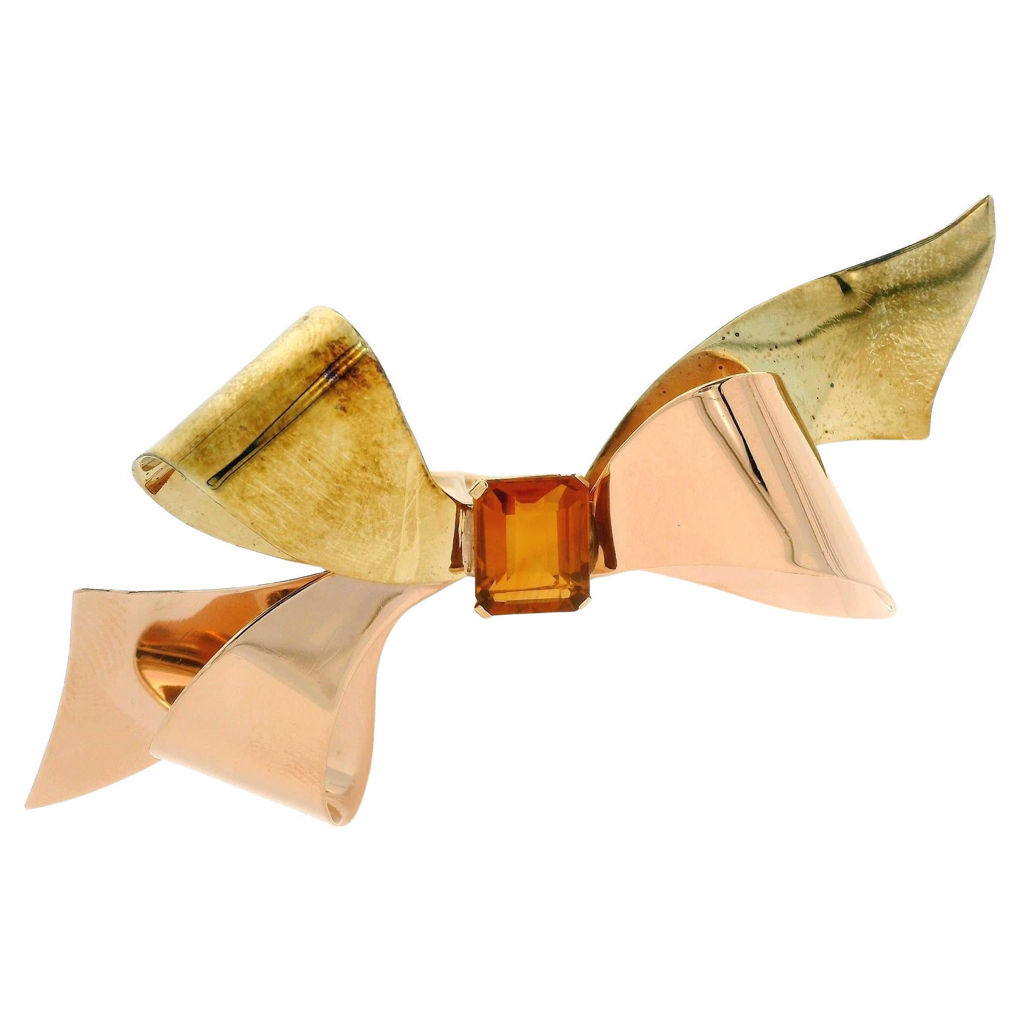Tiffany & Co. Retro 14k Green Rose Gold Citrine Large Bow Ribbon Pin Brooch