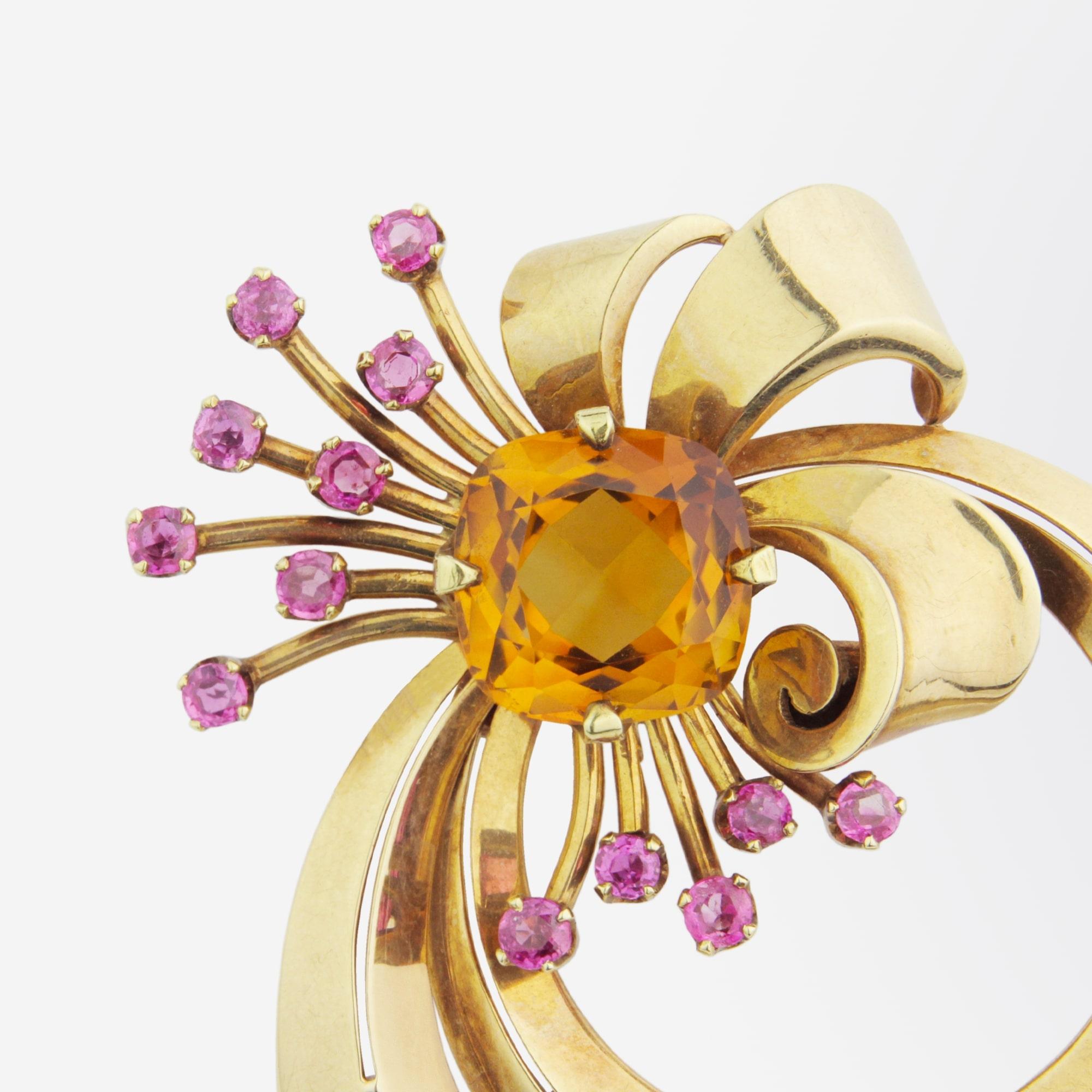 Cushion Cut Tiffany & Co. Retro 14 Karat Brooch with Citrine and Pink Sapphires For Sale