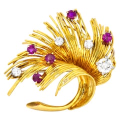 Tiffany 
Co. Retro 1.70 Carat Diamond Ruby 18 Karat Gold Spray Brooch