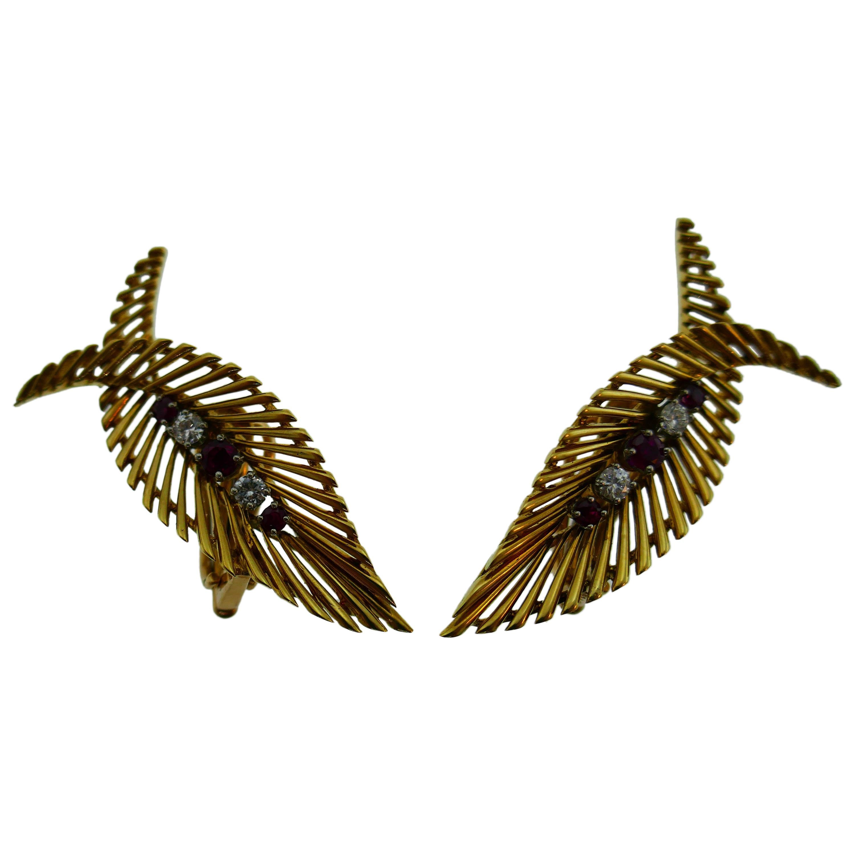 Tiffany & Co. Retro 18 Karat Gold, Ruby and Diamond Leaf Motif Clip-On Earrings