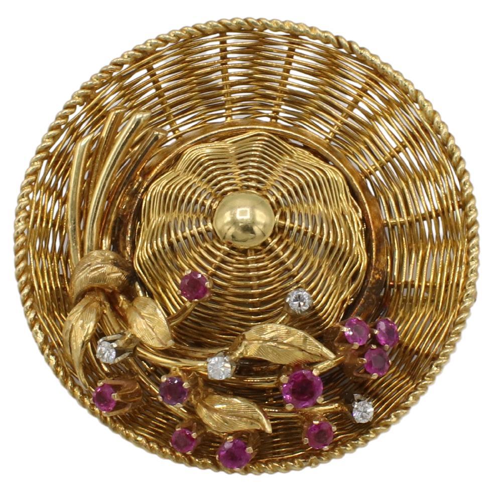 Tiffany & Co. Retro 18 Karat Yellow Gold Natural Diamond Ruby Hat Brooch Pin