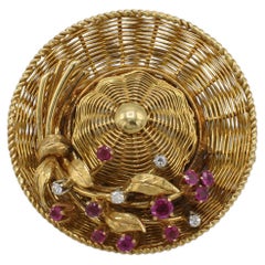 Tiffany & Co. Retro 18 Karat Yellow Gold Natural Diamond Ruby Hat Brooch Pin