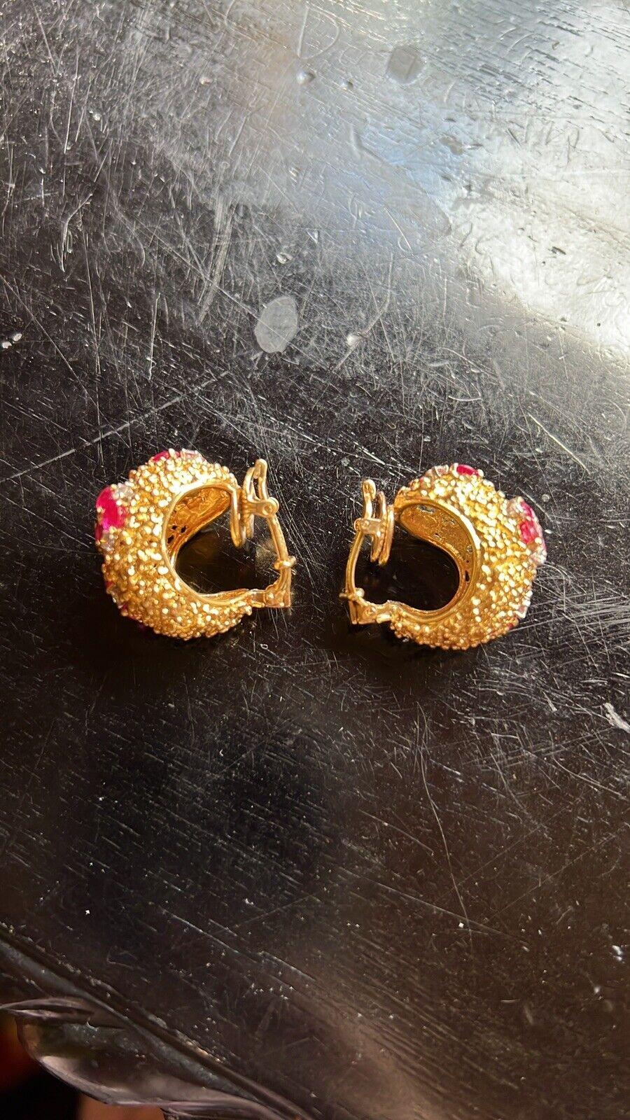 Women's or Men's Tiffany & Co. Retro 18k Hammered Yellow Gold, Ruby & Diamond Earrings C. 1950s