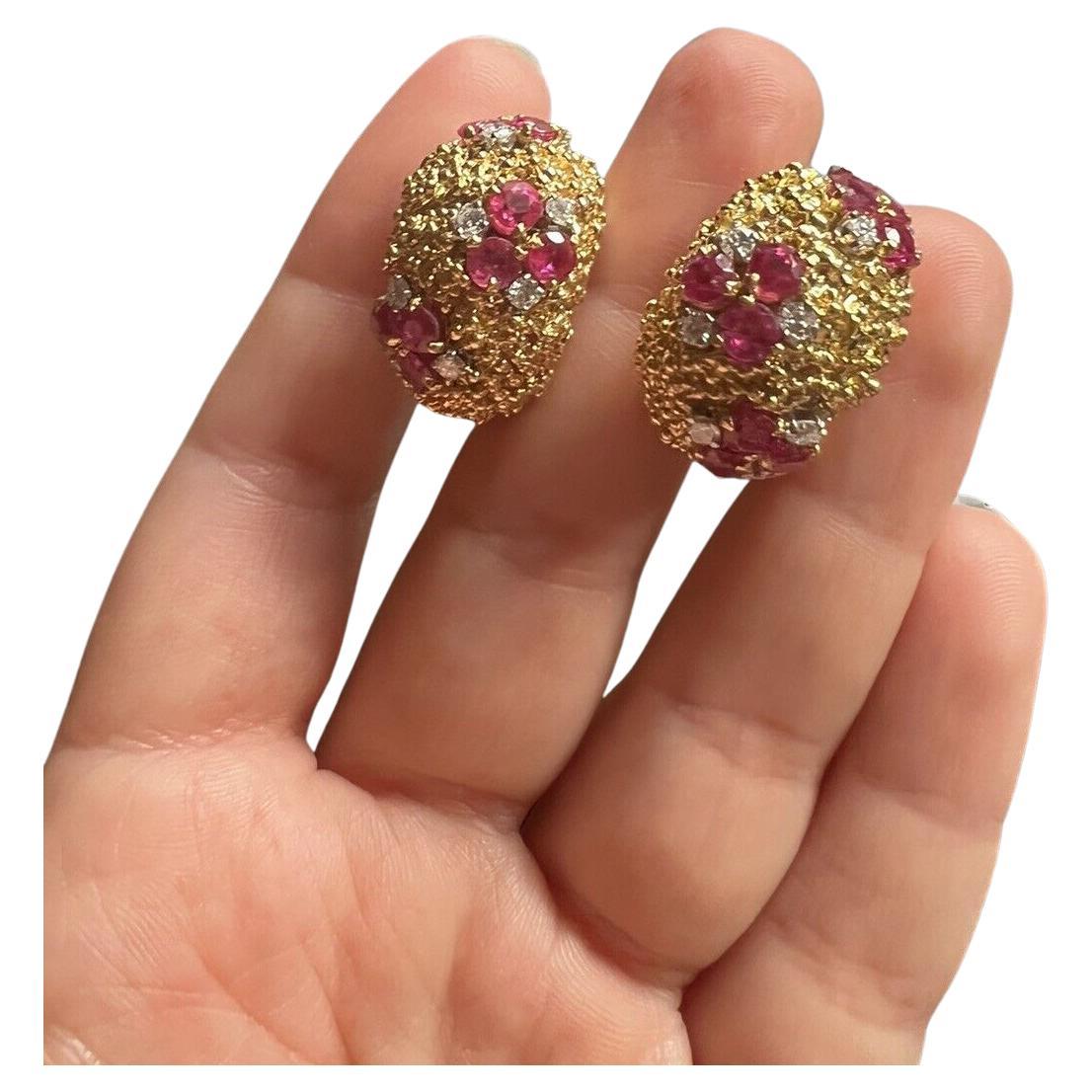 Tiffany & Co. Retro 18k Hammered Yellow Gold, Ruby & Diamond Earrings C. 1950s