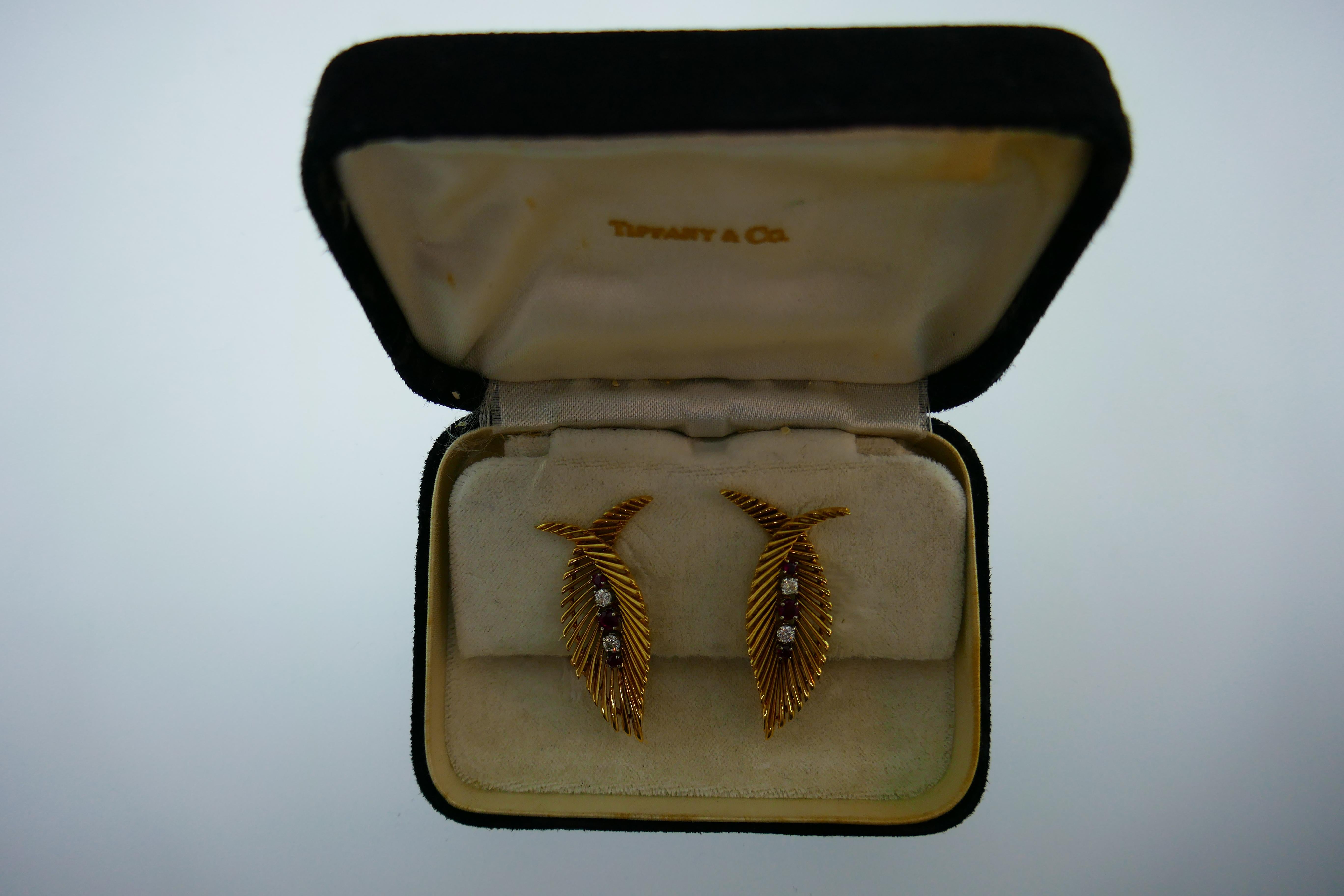 Tiffany & Co. Retro 18 Karat Gold, Ruby and Diamond Leaf Motif Clip-On Earrings 1