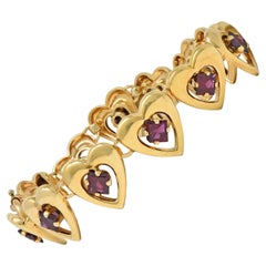 Tiffany & Co. Retro 1940's Garnet 14 Karat Yellow Gold Vintage Heart Bracelet