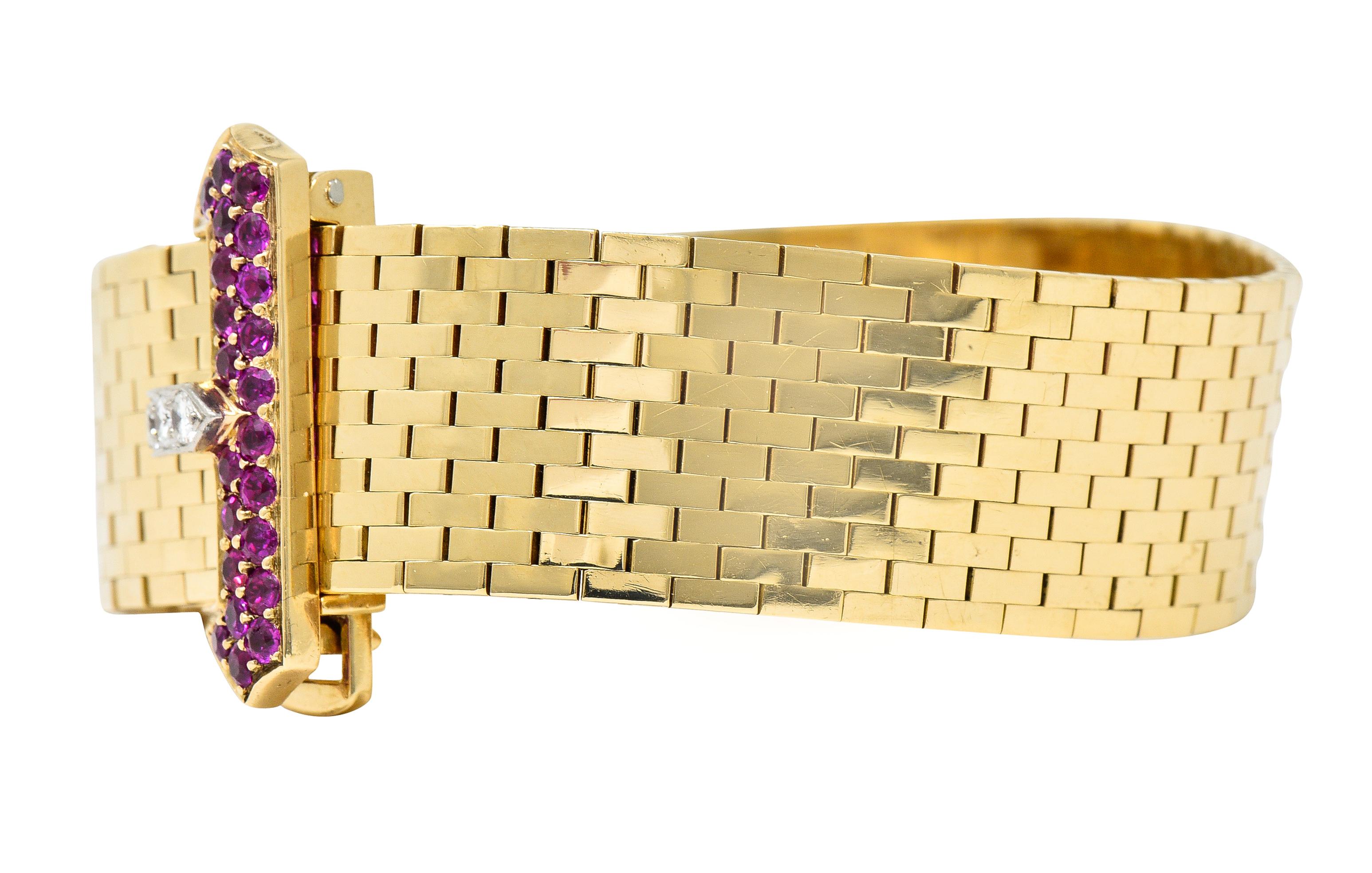 Tiffany & Co. Retro 1940's Ruby Diamond 14 Karat Gold Watch Buckle Bracelet 8