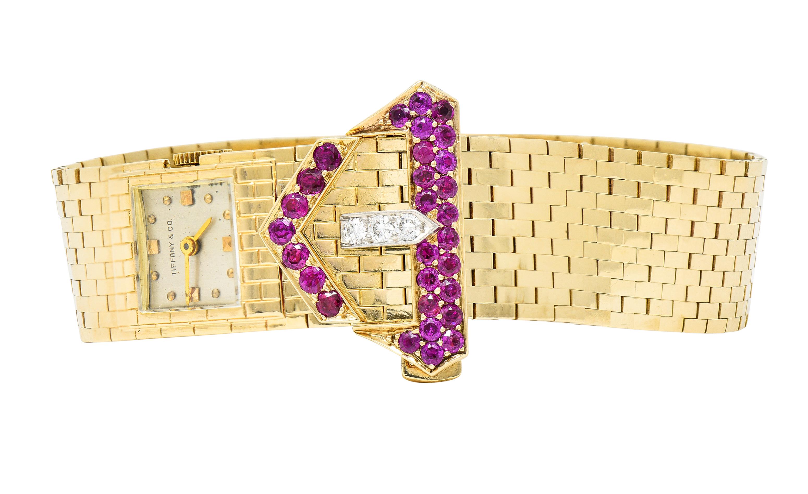 Tiffany & Co. Retro 1940's Ruby Diamond 14 Karat Gold Watch Buckle Bracelet 10