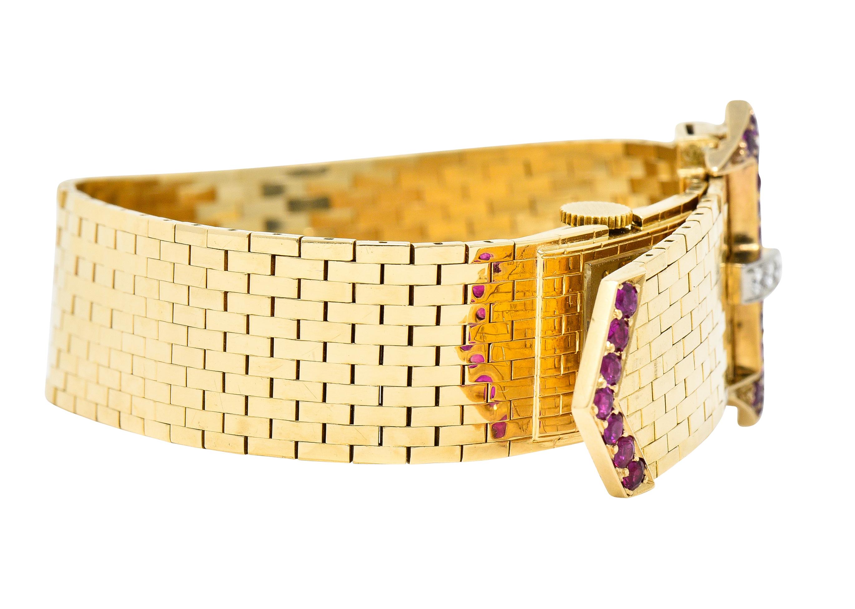 Contemporary Tiffany & Co. Retro 1940's Ruby Diamond 14 Karat Gold Watch Buckle Bracelet
