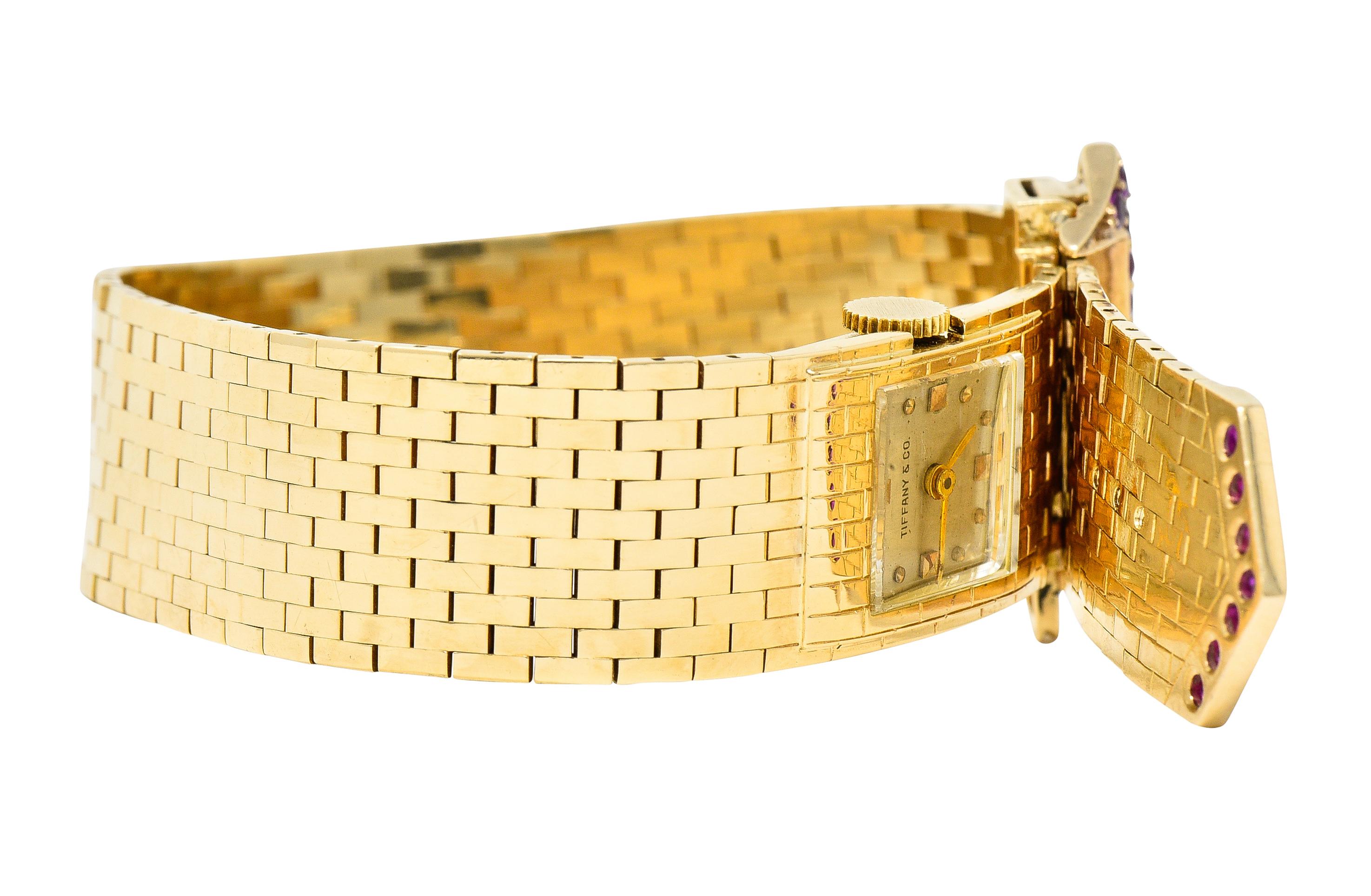 Round Cut Tiffany & Co. Retro 1940's Ruby Diamond 14 Karat Gold Watch Buckle Bracelet