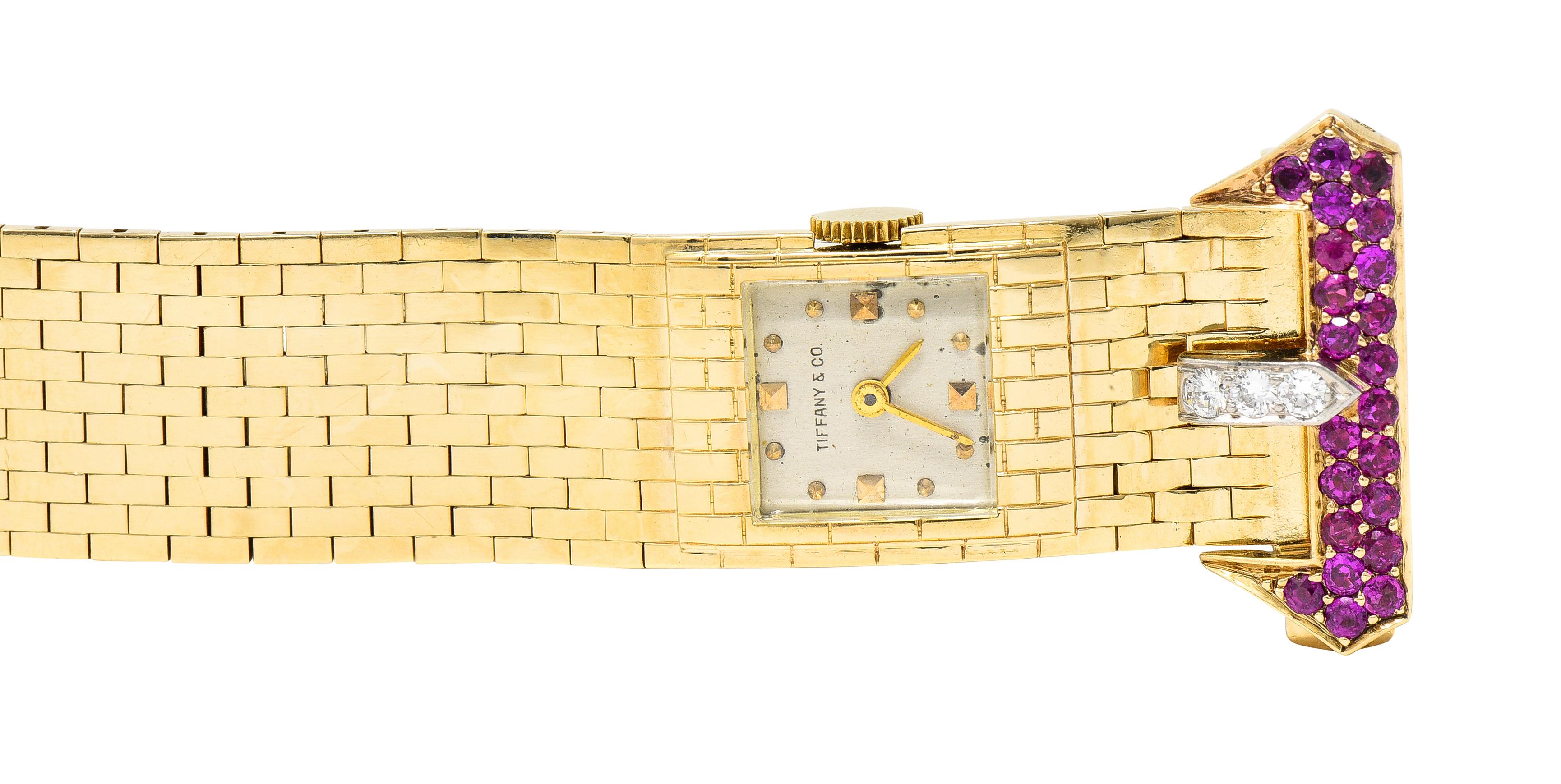 Tiffany & Co. Retro 1940's Ruby Diamond 14 Karat Gold Watch Buckle Bracelet 1