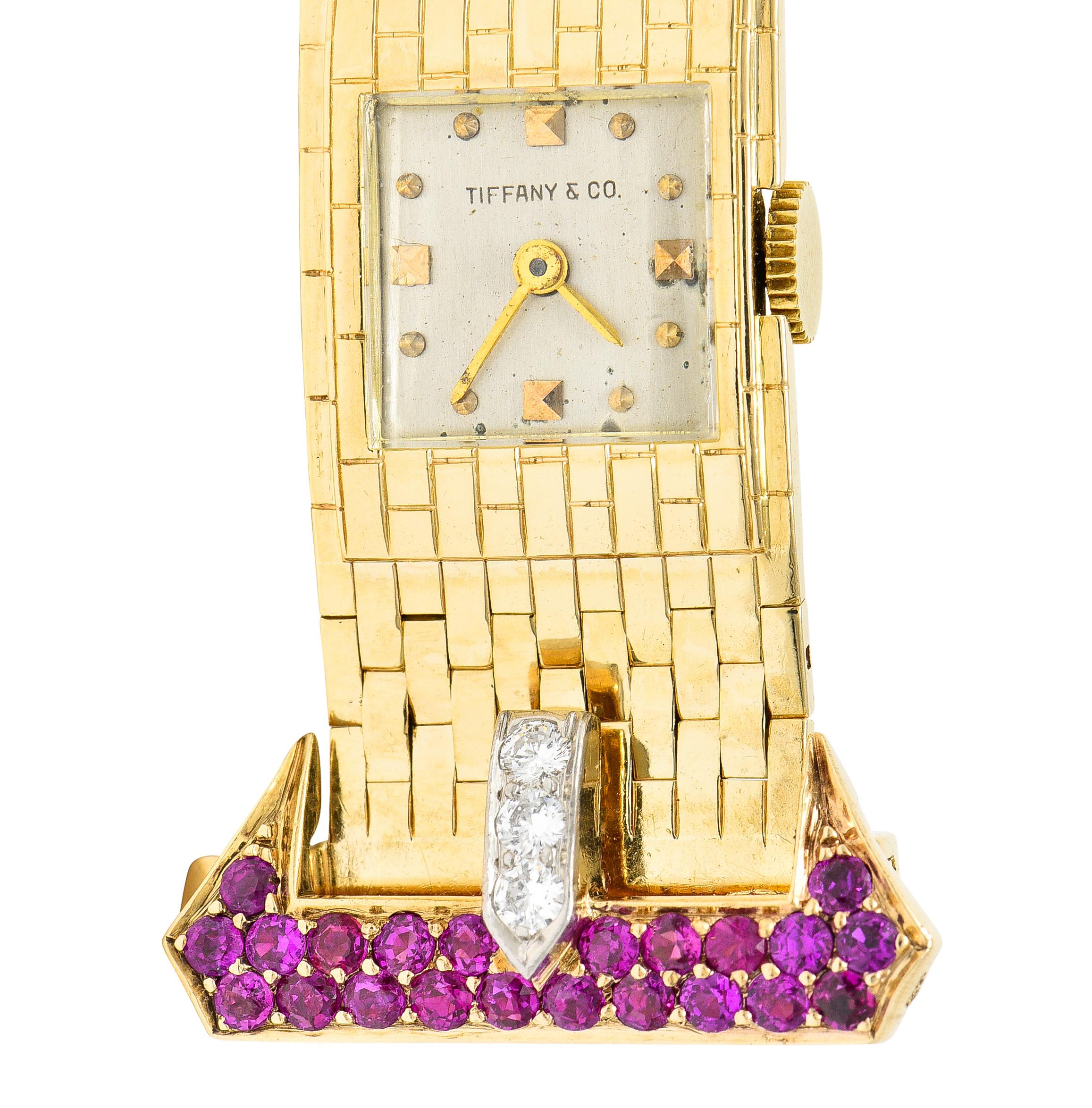 Tiffany & Co. Retro 1940's Ruby Diamond 14 Karat Gold Watch Buckle Bracelet 2