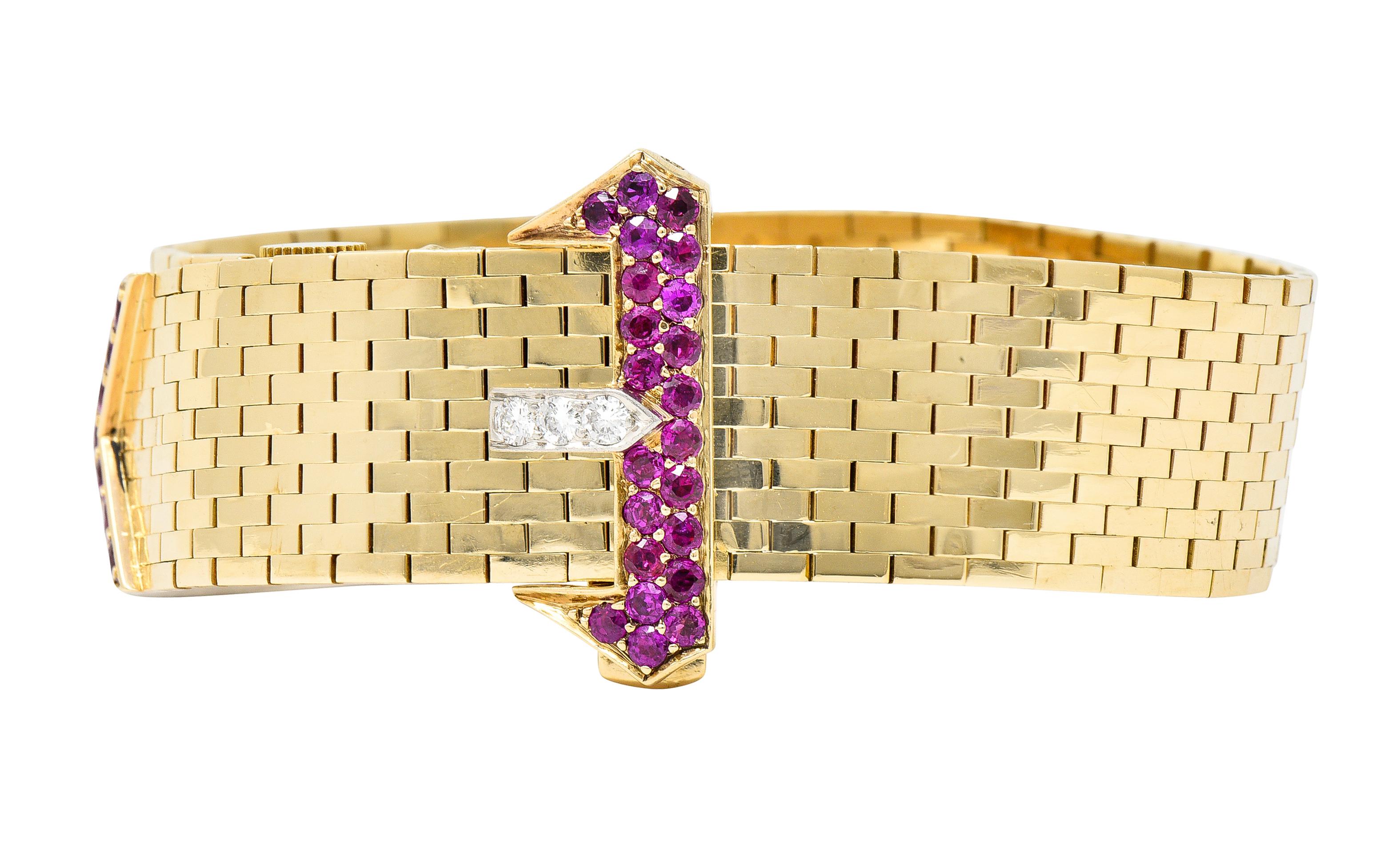 Tiffany & Co. Retro 1940's Ruby Diamond 14 Karat Gold Watch Buckle Bracelet 3