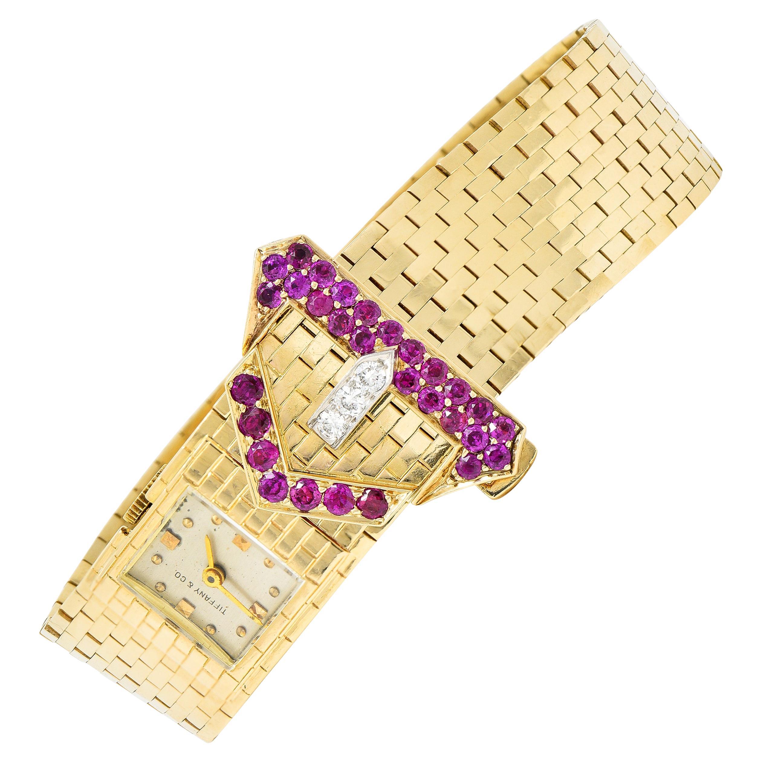 Tiffany & Co. Retro 1940's Ruby Diamond 14 Karat Gold Watch Buckle Bracelet