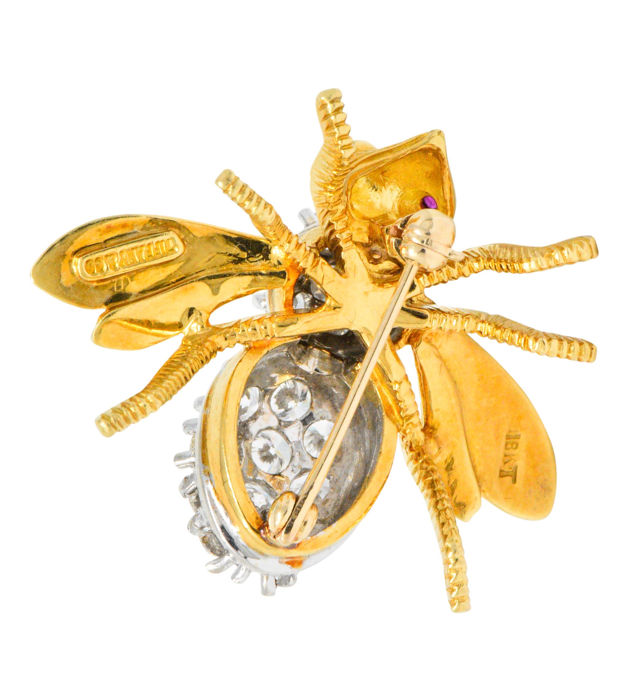 Tiffany & Co. Retro 1.95 Carat Diamond Ruby 18 Karat Two-Tone Gold Bee Pin In Excellent Condition In Philadelphia, PA