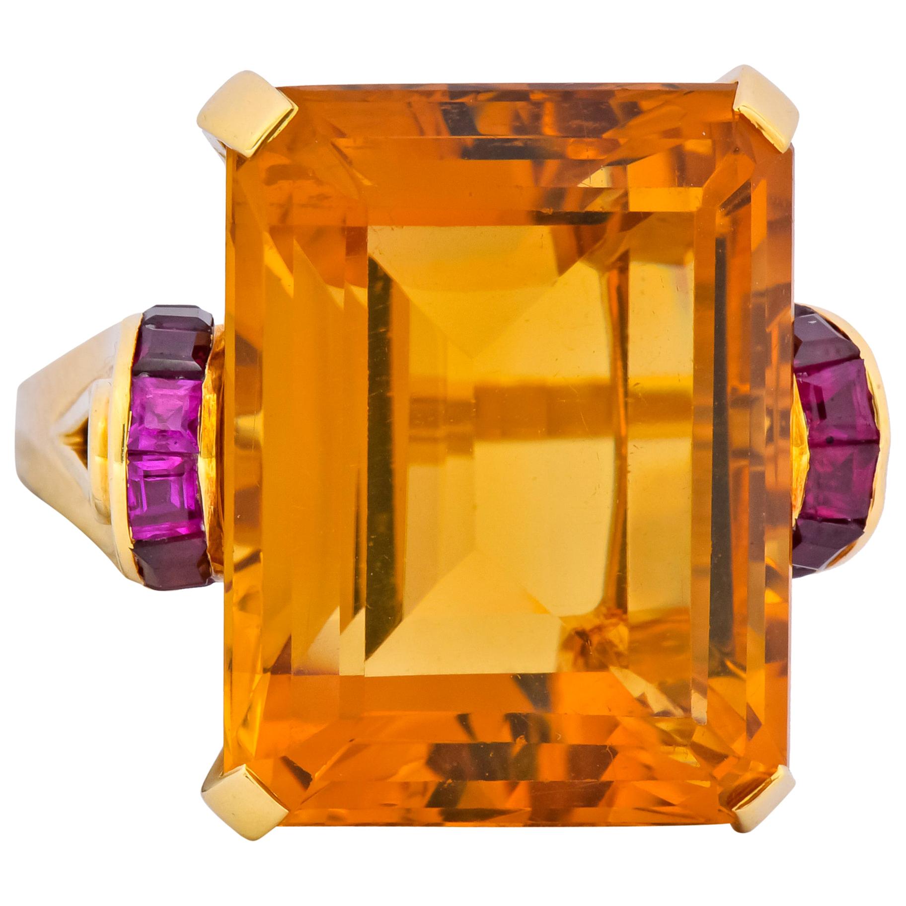 Tiffany & Co. Retro 24.54 Carat Citrine Ruby Cocktail Ring, circa 1950