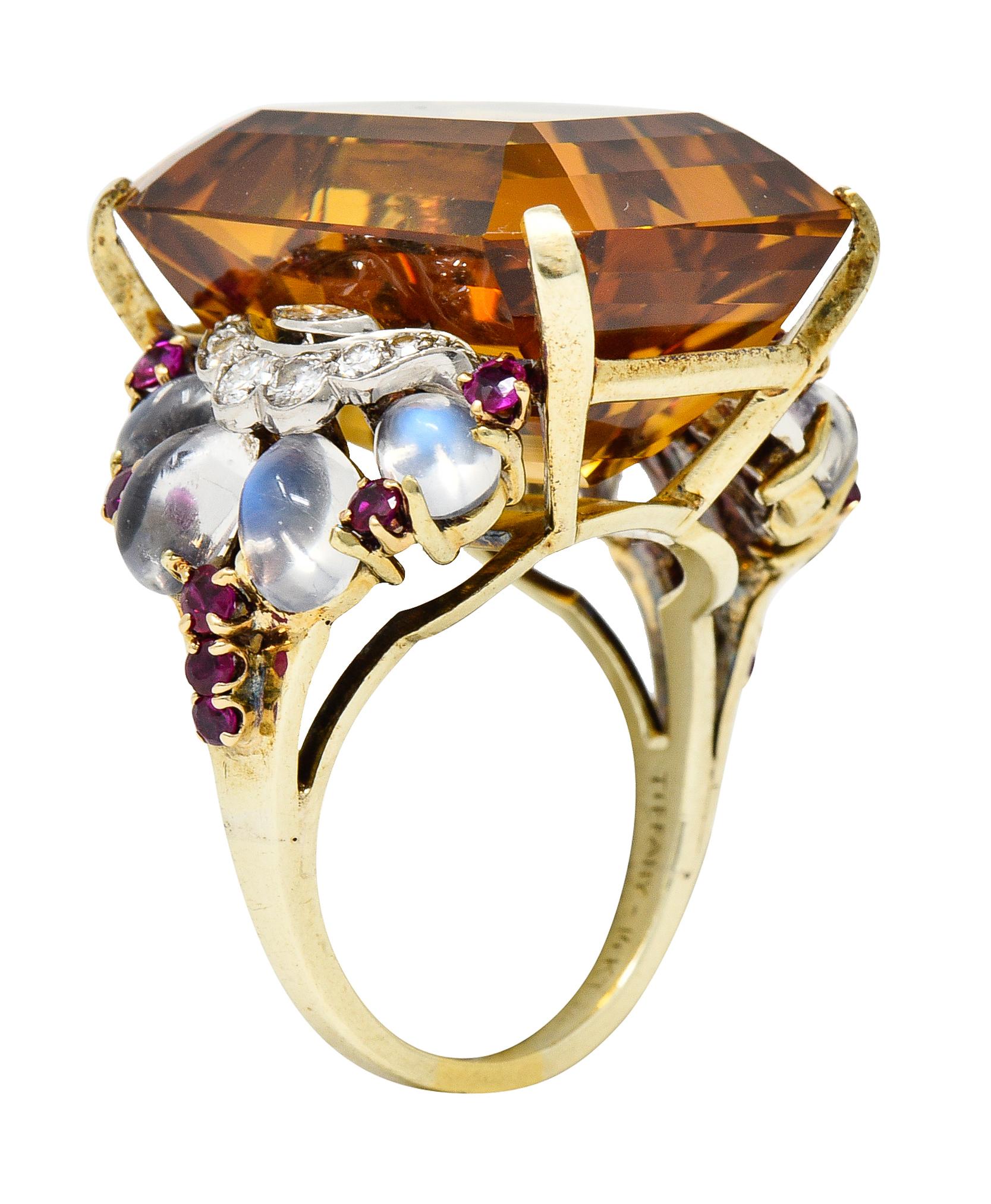 Tiffany & Co. Retro 39.97 Carat Citrine Diamond Ruby Platinum 14 Karat Gold Ring For Sale 4