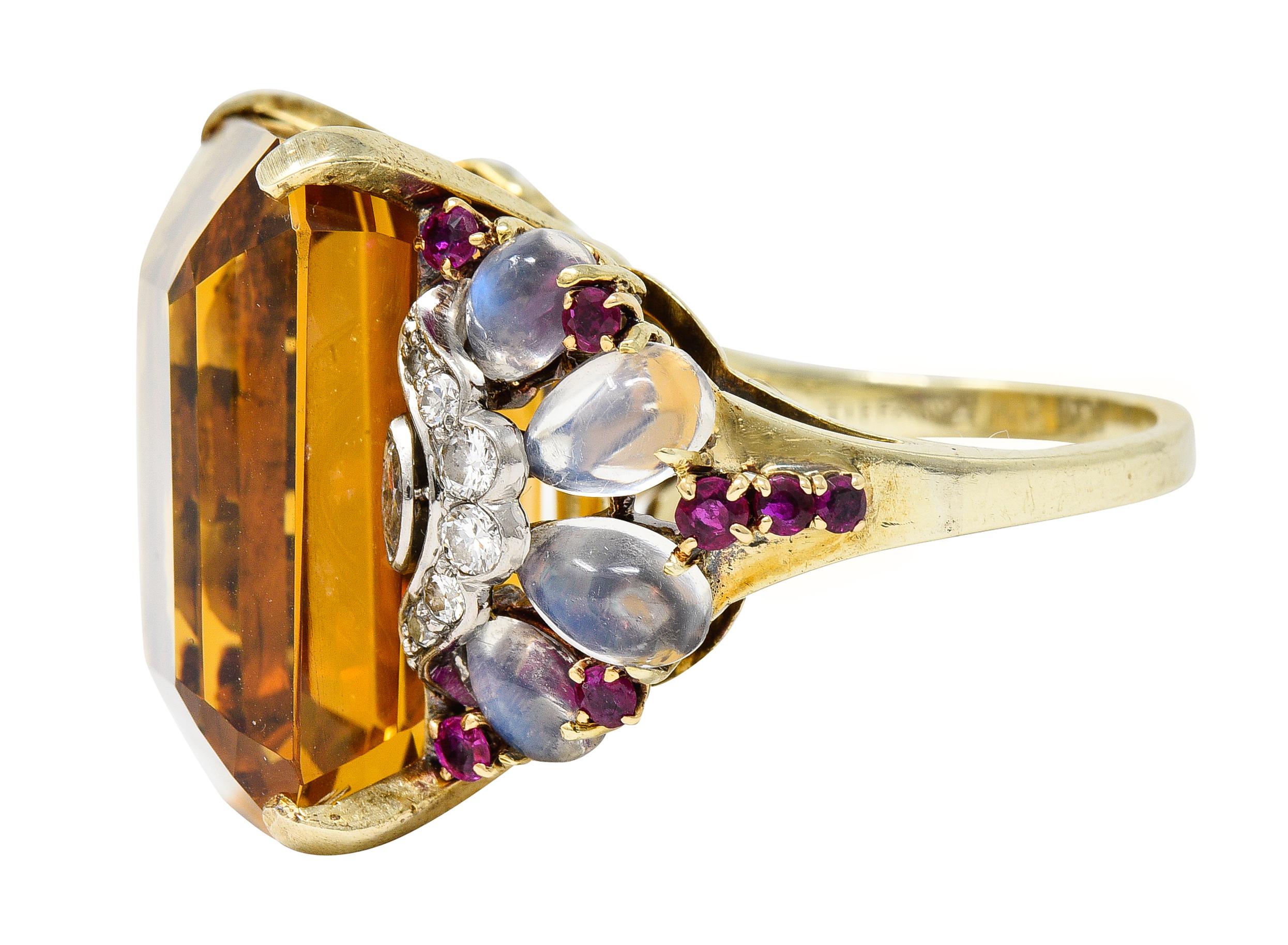 Emerald Cut Tiffany & Co. Retro 39.97 Carat Citrine Diamond Ruby Platinum 14 Karat Gold Ring For Sale