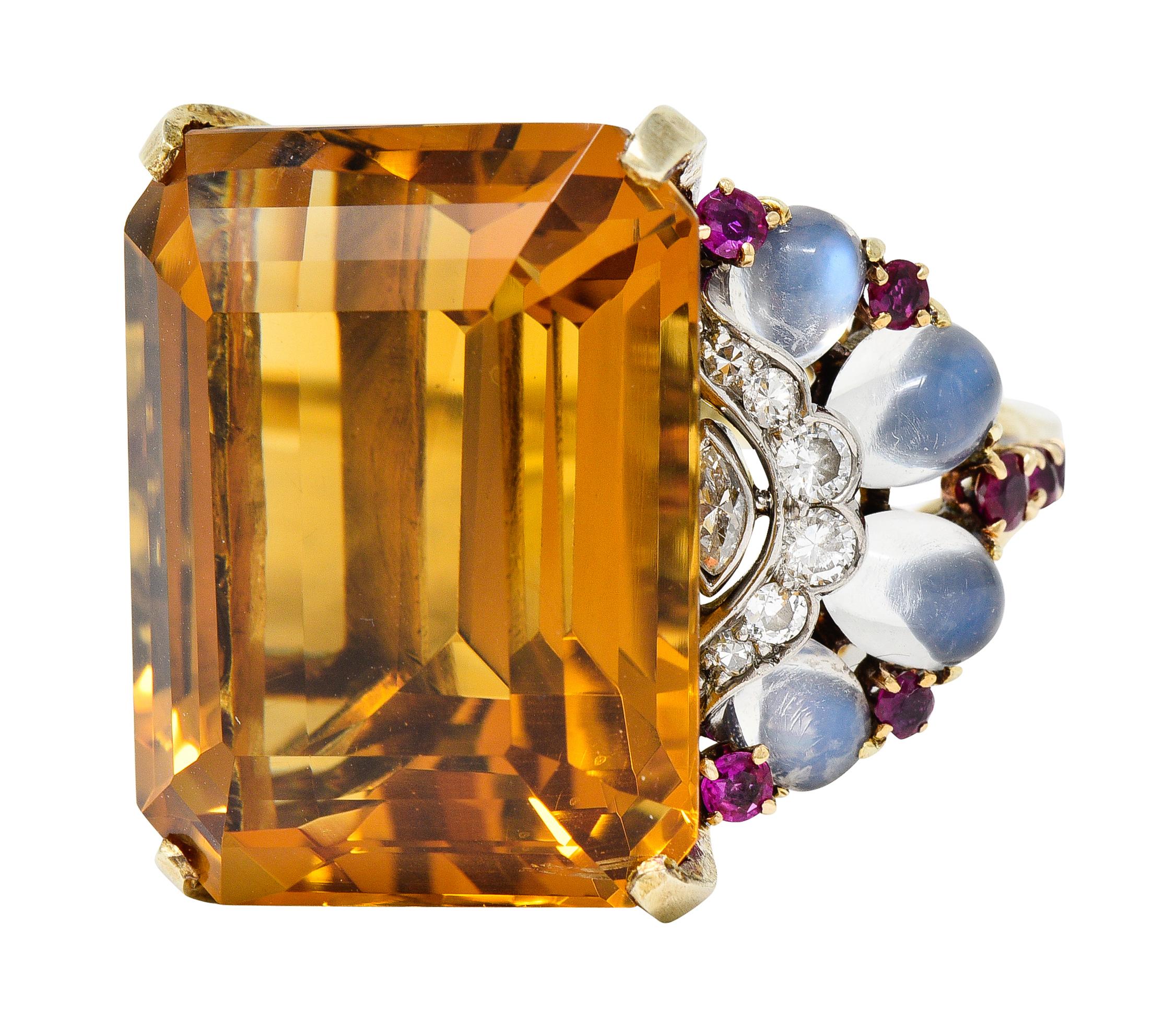 Tiffany & Co. Retro 39.97 Carat Citrine Diamond Ruby Platinum 14 Karat Gold Ring In Excellent Condition For Sale In Philadelphia, PA