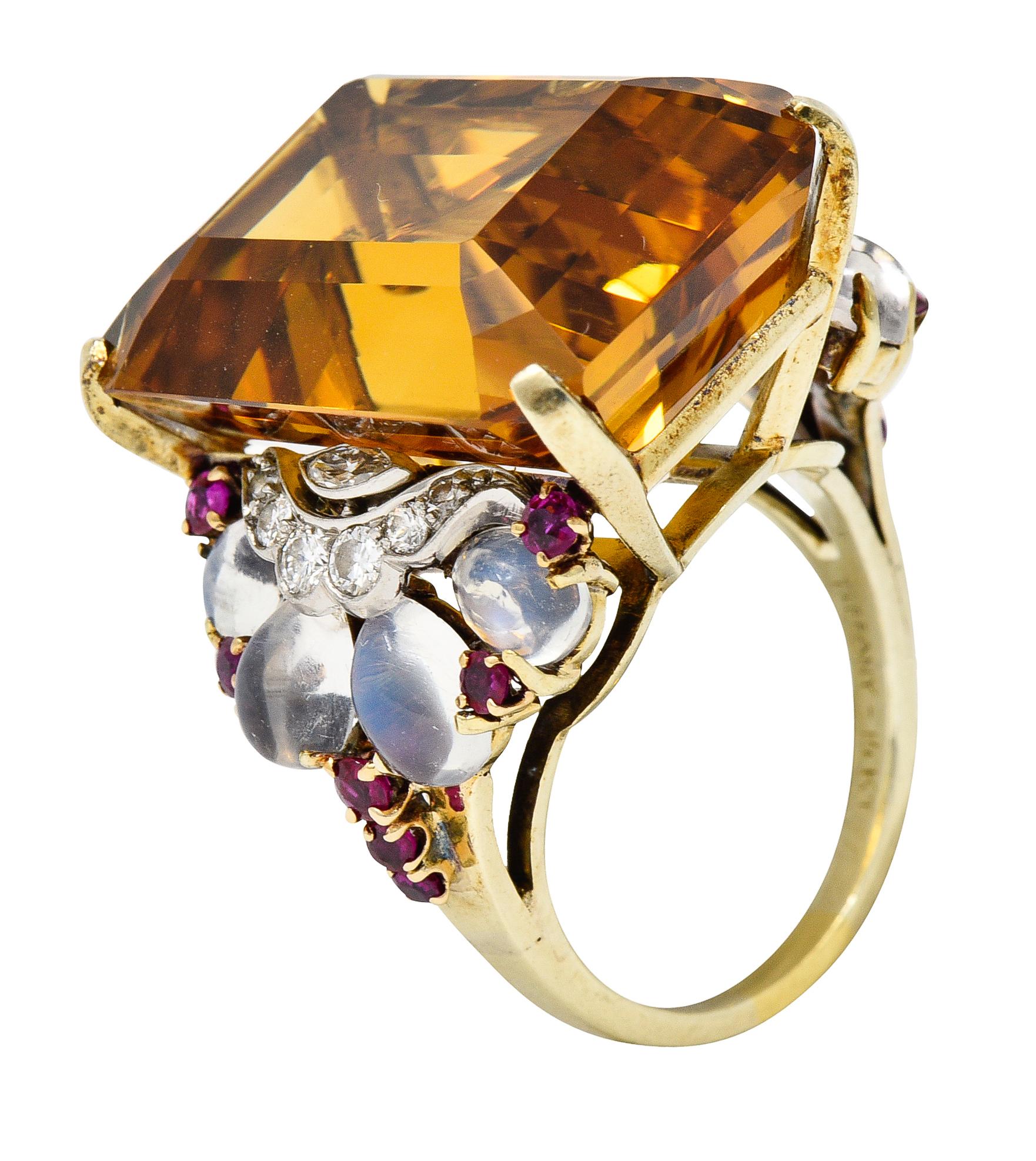 Tiffany & Co. Retro 39.97 Carat Citrine Diamond Ruby Platinum 14 Karat Gold Ring For Sale 1