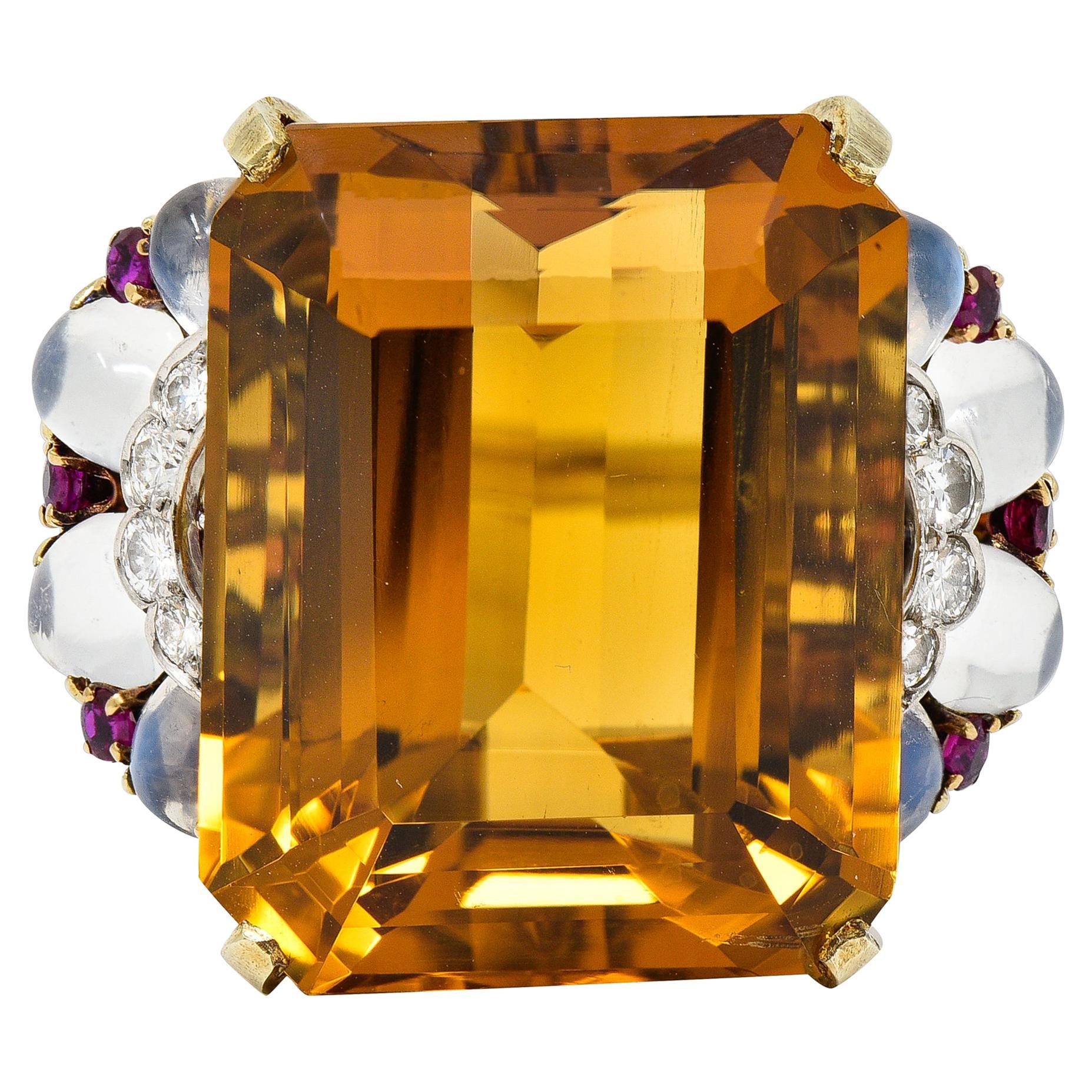 Tiffany & Co. Retro 39.97 Carat Citrine Diamond Ruby Platinum 14 Karat Gold Ring For Sale