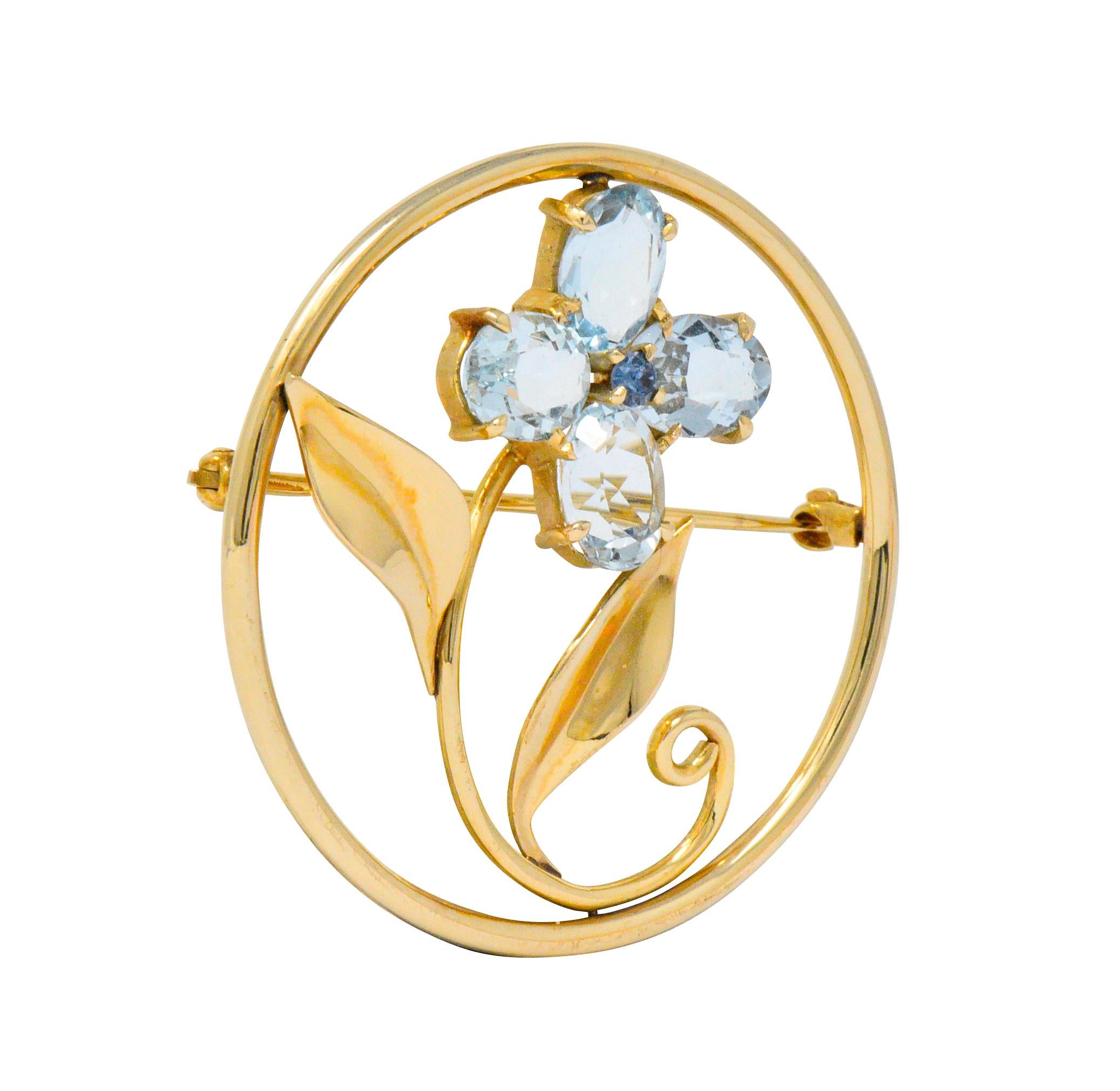 Tiffany & Co. Retro 5.15 Carat Aquamarine Sapphire 14 Karat Gold Flower Brooch In Excellent Condition In Philadelphia, PA