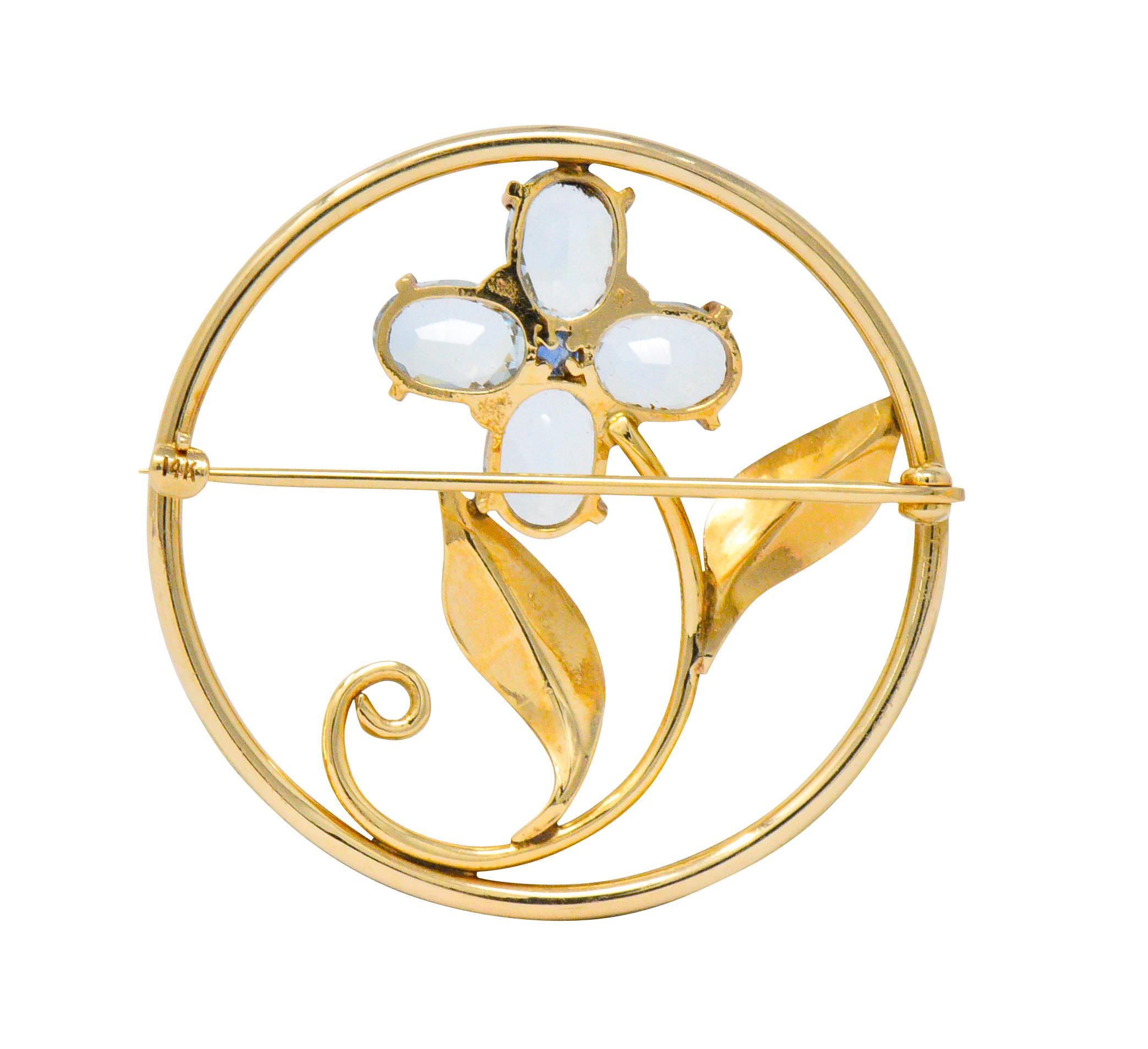 Women's or Men's Tiffany & Co. Retro 5.15 Carat Aquamarine Sapphire 14 Karat Gold Flower Brooch